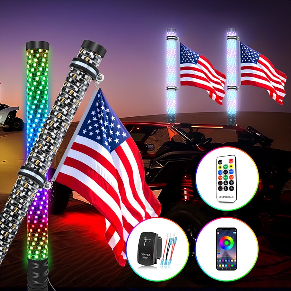 One Pair 2FT Fat Spiral RGB LED Whip Lights UTV ATV For Truck Can-am X3 RZR