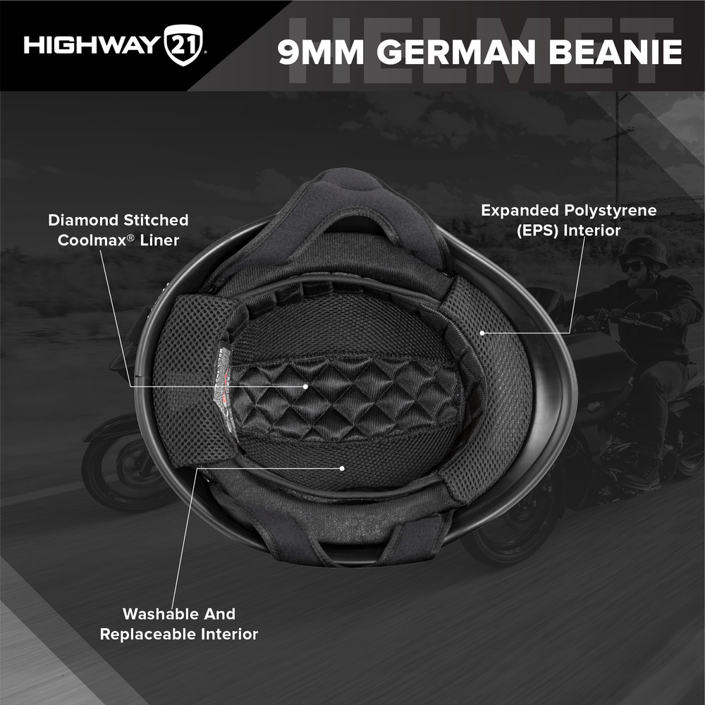 NEW HIGHWAY 21 9MM GERMAN BEANIE HELMET GLOSS BLACK SM – MOTORCYCLE