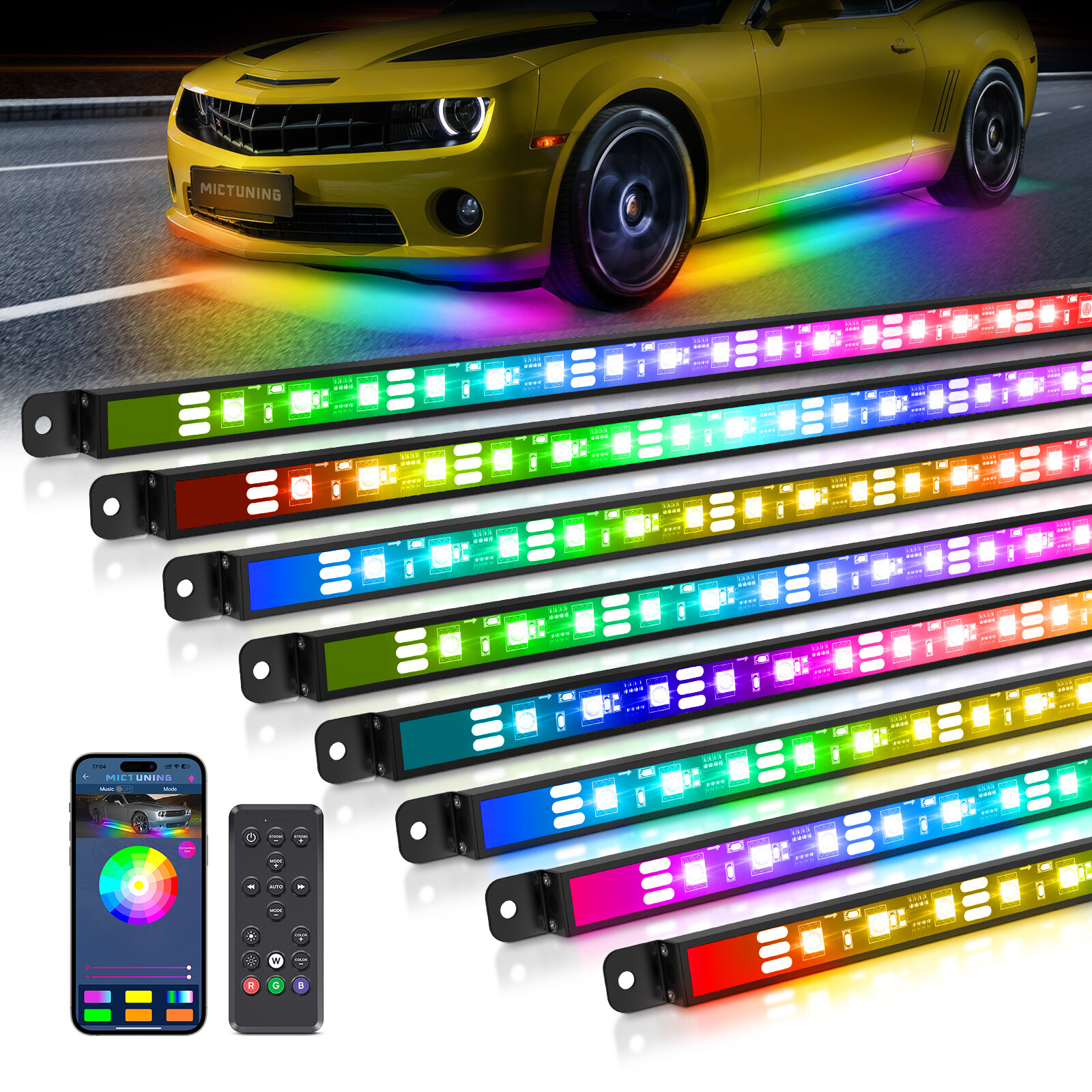 MICTUNING Wireless Car Underglow Led Light Bar Chasing Color, RGB+IC LED Lights