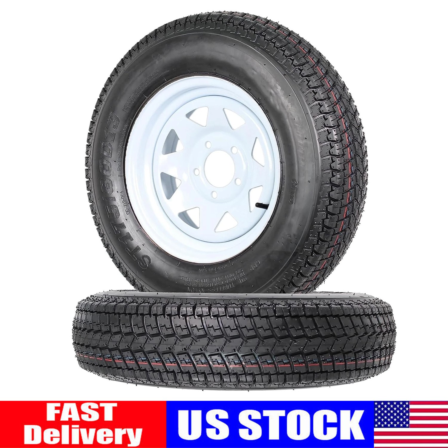 2-Pack Trailer Tire Rim ST175/80D13 B78-13 Load C 5 Lug 13 In White Spoke Wheel