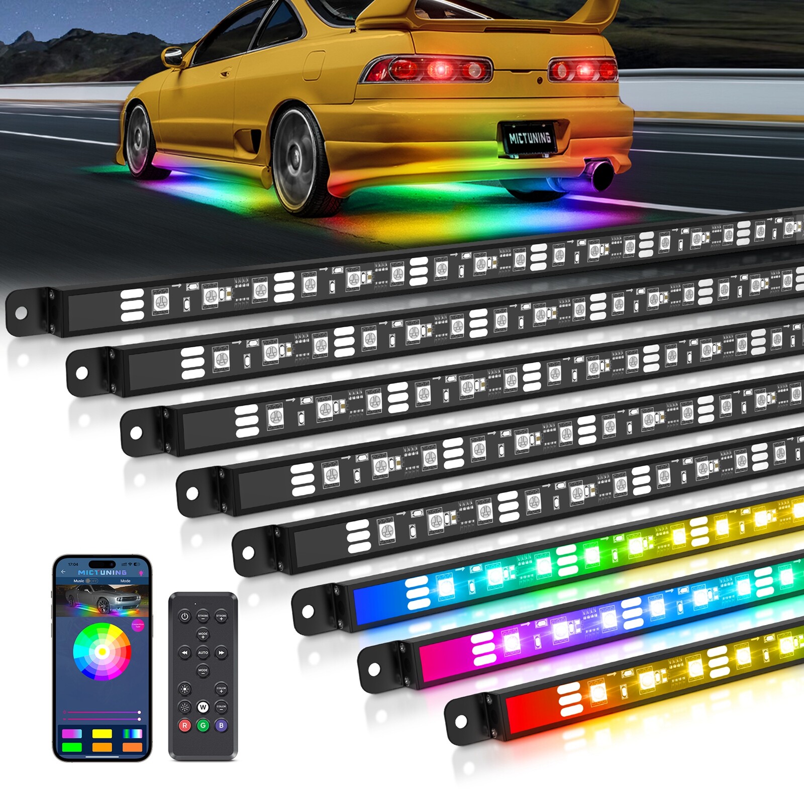 8Pcs RGB+IC Dream Color Car Underglow Lights Kit Bluetooth Chasing Strip Lights