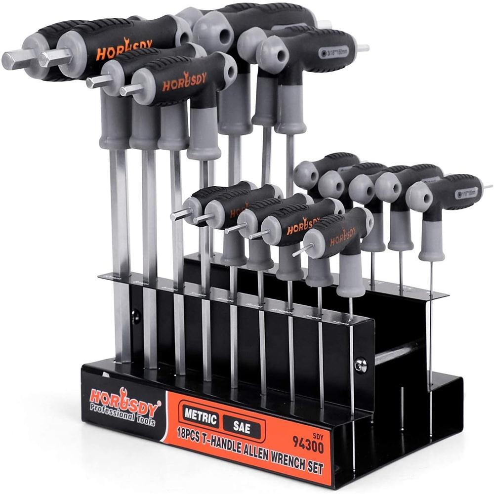 18 Pc SAE & Metric T Handle Allen Wrench Ball End Hex Key Set w/ Storage Stand