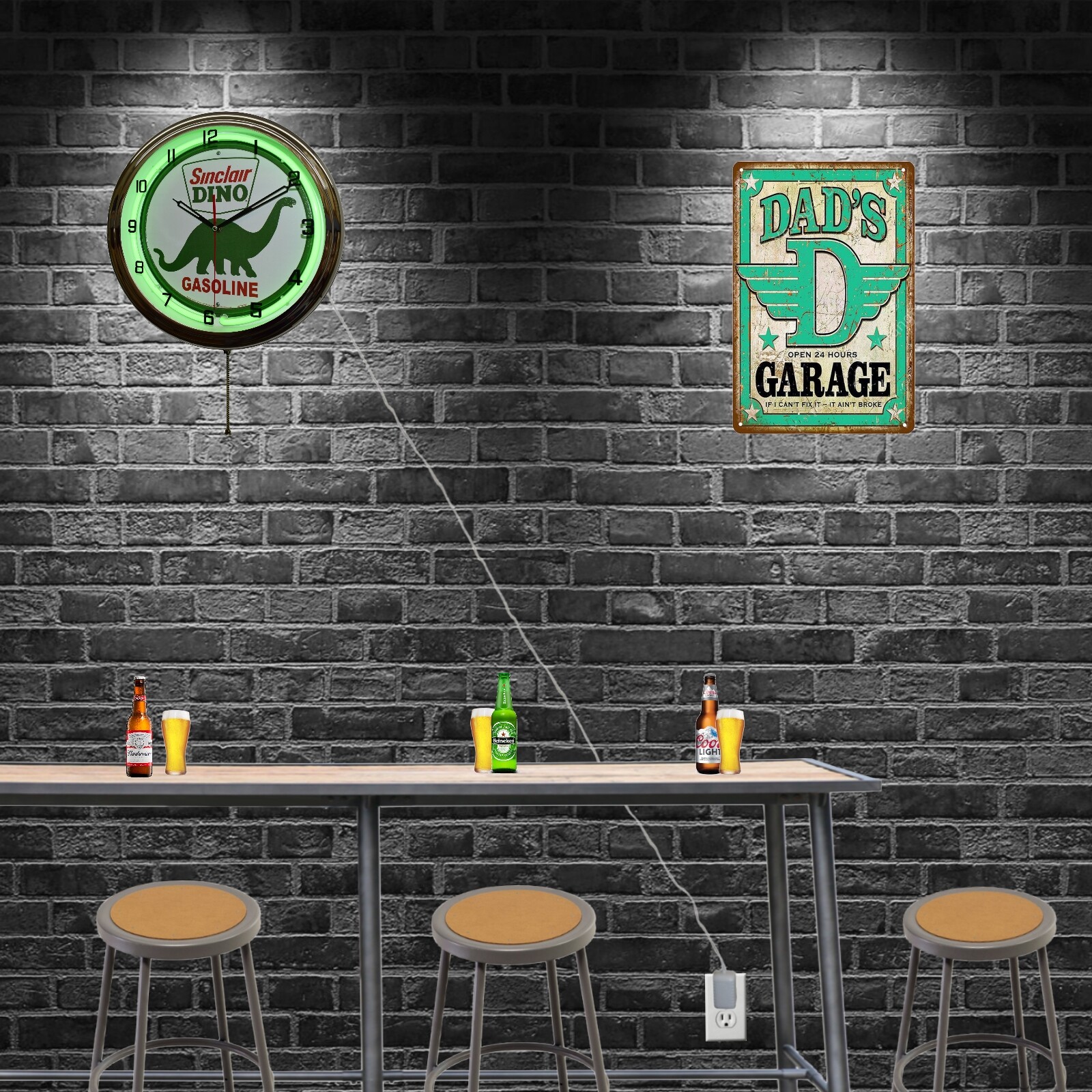 16″ Sinclair Dino Gasoline Neon Clock Man Cave Garage Decor (Green)