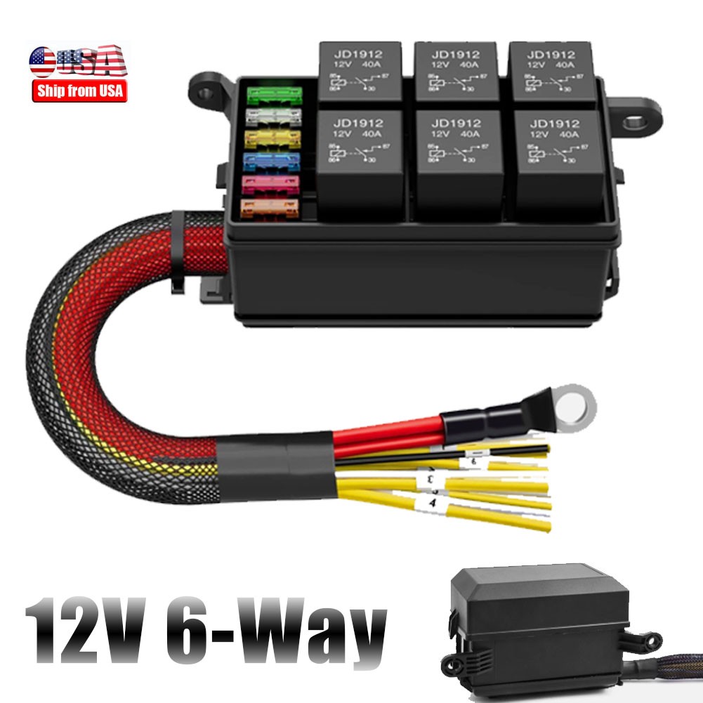 12V Automotive Relay Box 6 Way Relay Fuse Box, with 12 AWG Pre-Wired Universal