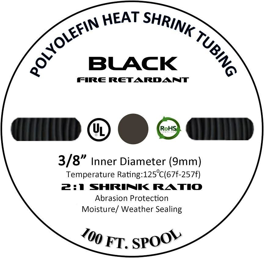 3/8″ Inch 100 FT. 100′ Feet BLACK 9mm Polyolefin 2:1 Heat Shrink Tubing Tube UL