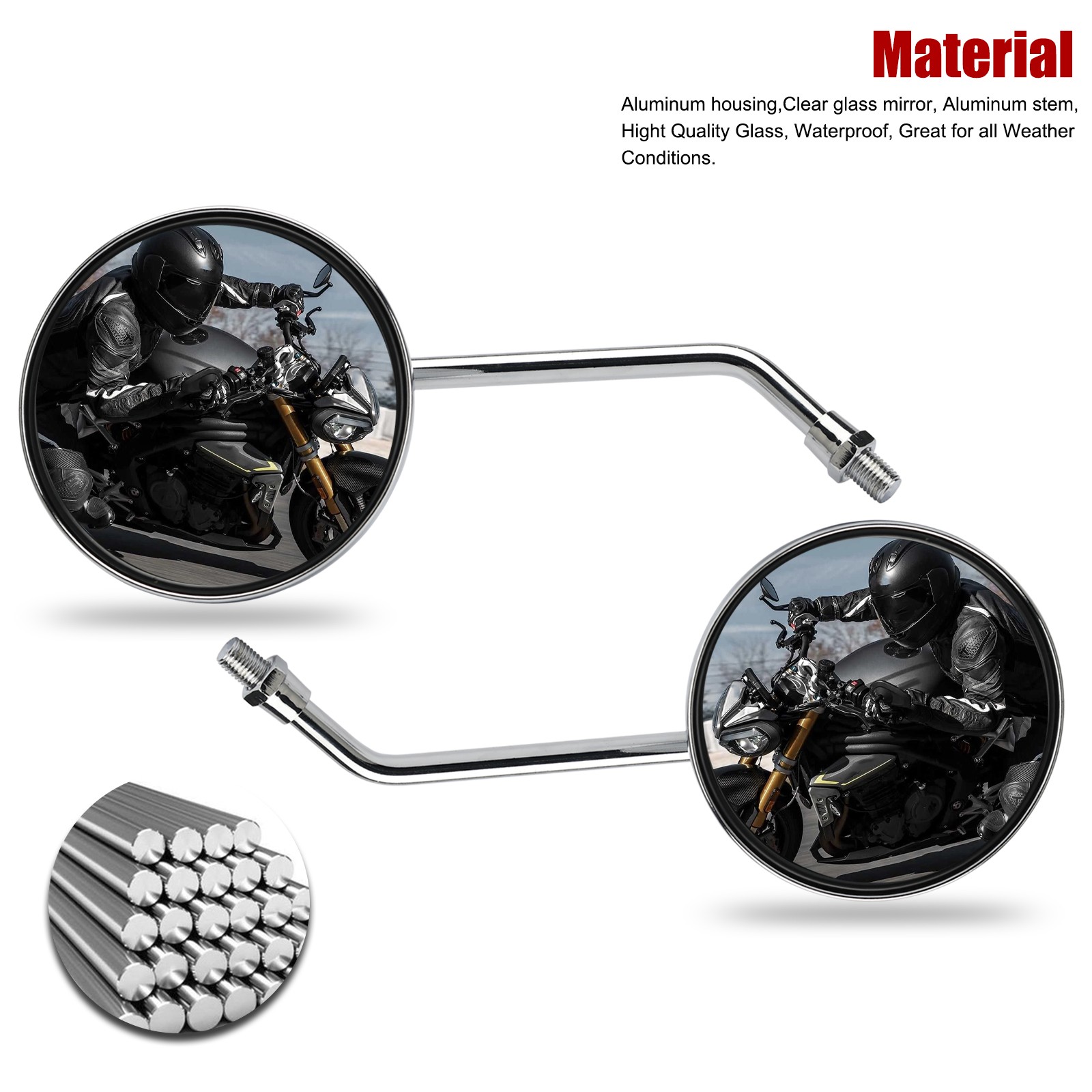 Chrome 10MM Universal Motorcycle Classic Round Long Stem Rearview Side Mirrors