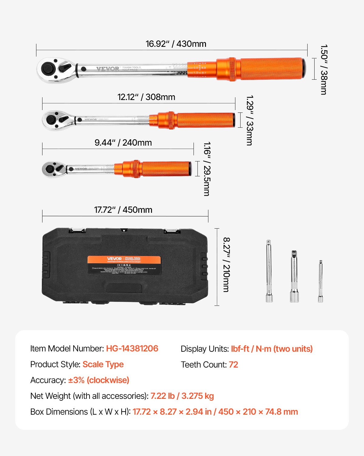VEVOR Click Torque Wrench Set 3 Pcs 1/4 3/8 1/2 Inch Dual-direction 72-Tooth