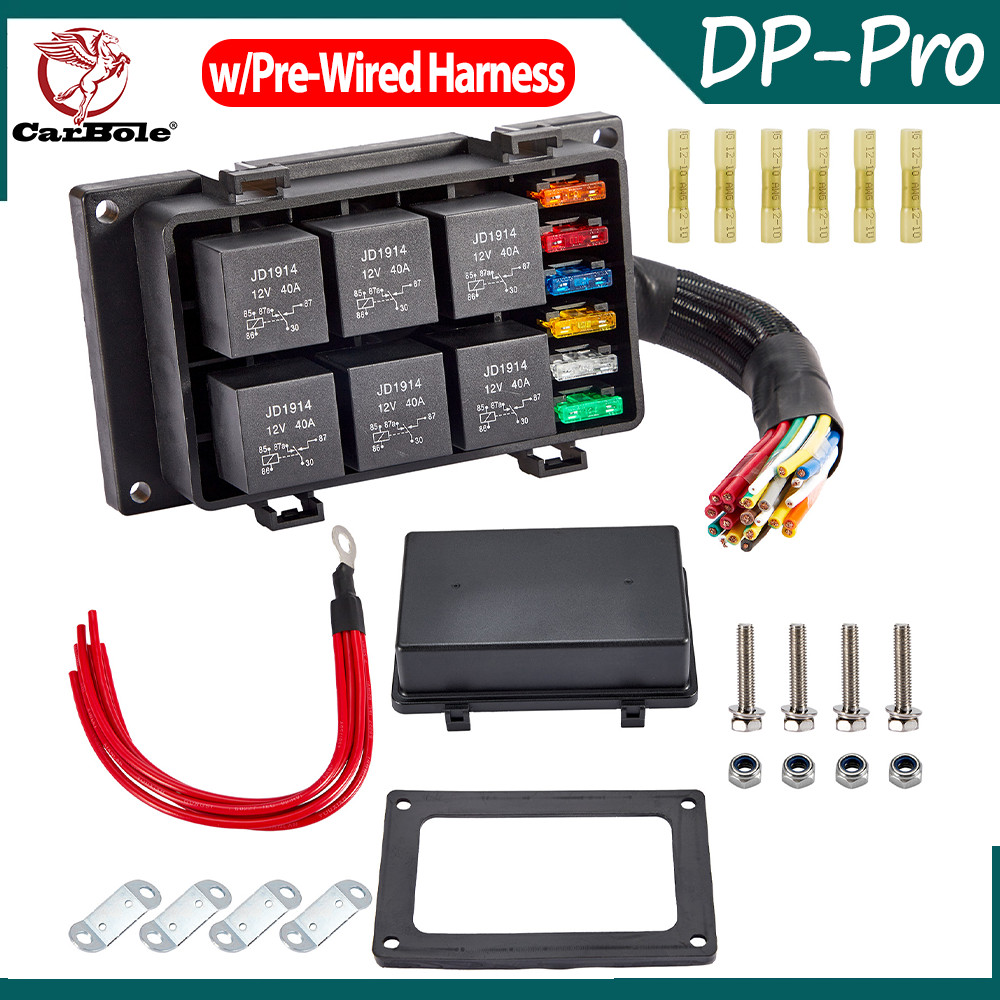 Black 12V Waterproof Automotive 6 ATO Fuse Relay Box Block w/Pre-Wired Harness