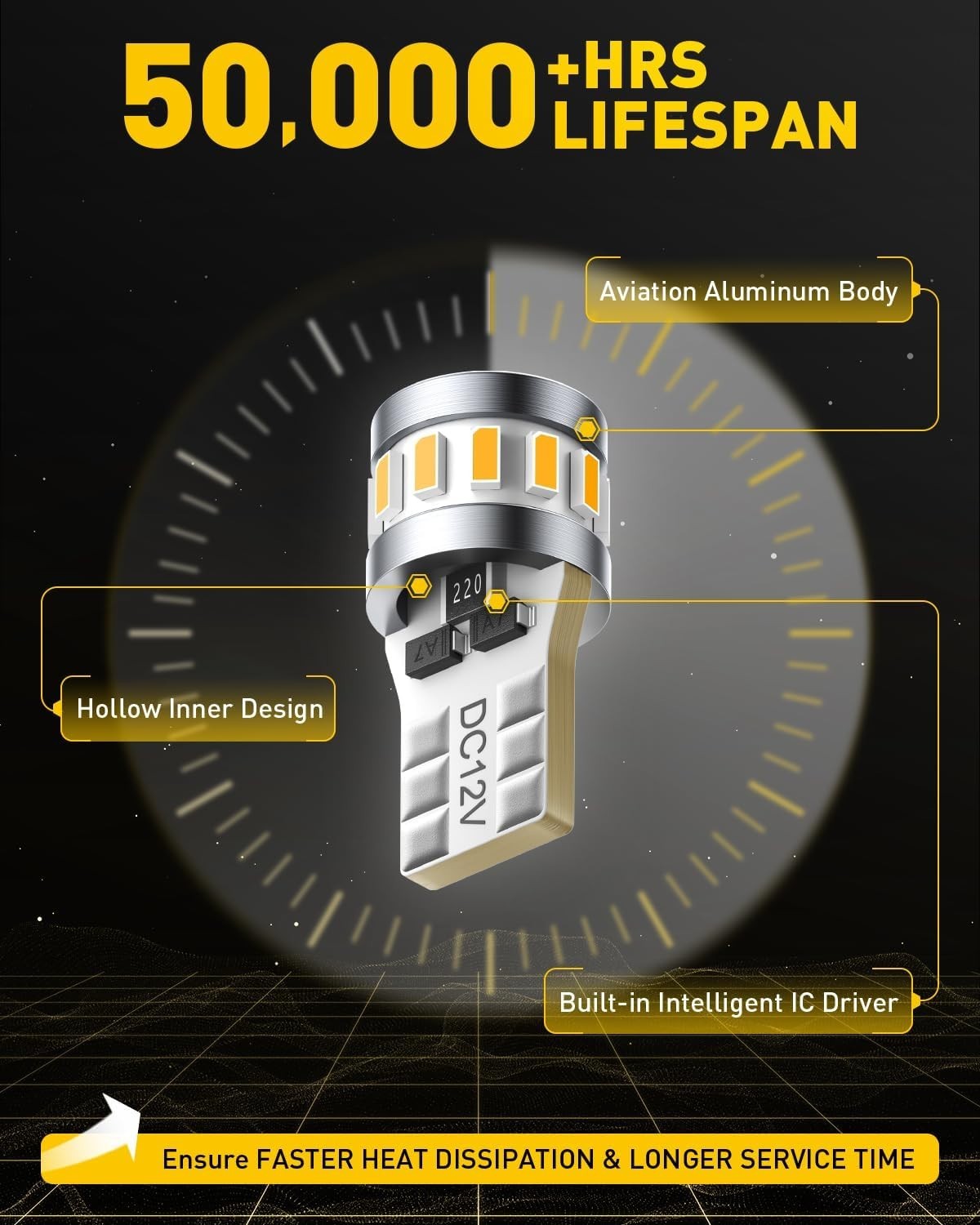 Compatible 194 LED Bulb Pack: 50,000 Hours Lifespan Amber Yellow Light for Cars