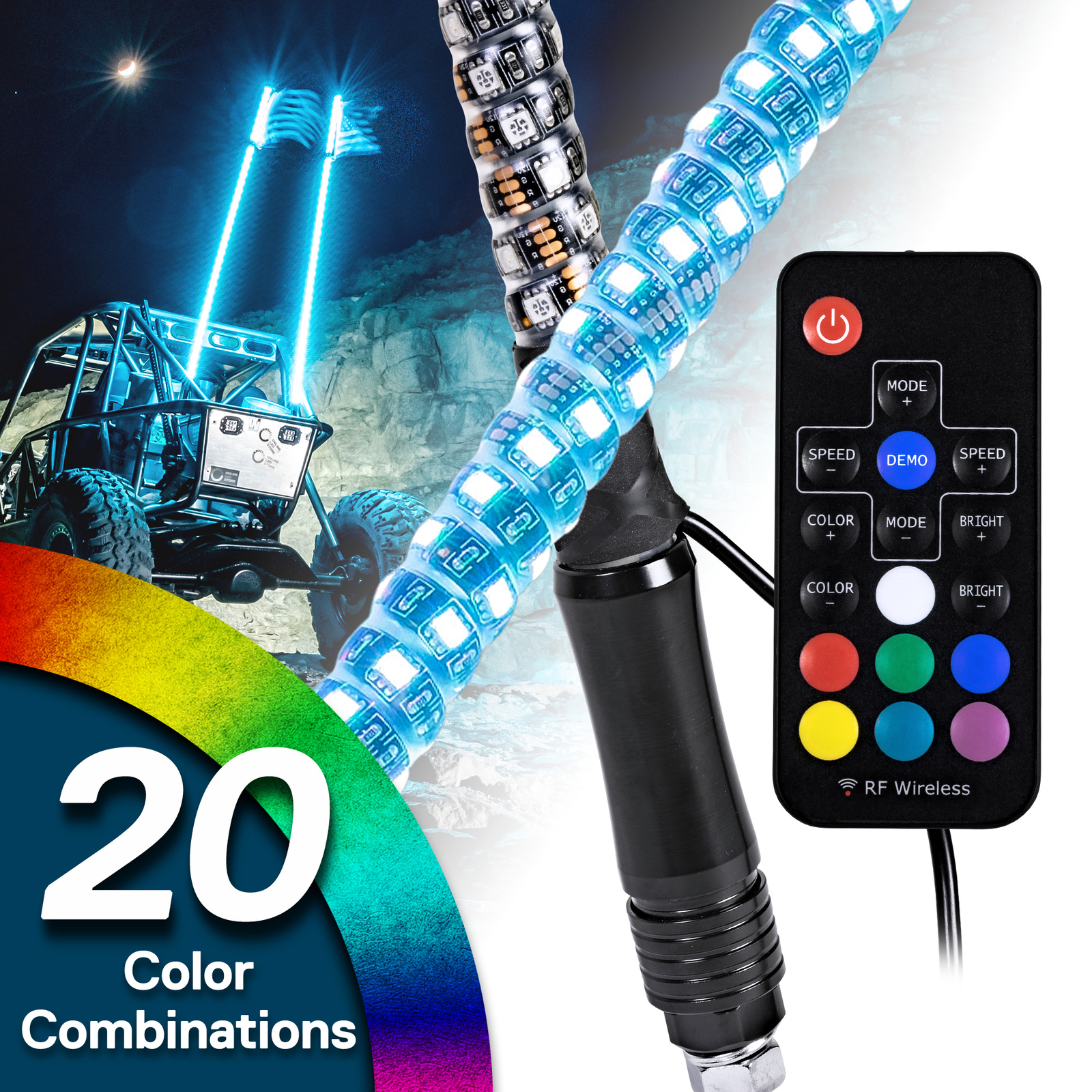 2pc 3ft RGB LED Spiral Whip Light Antenna Flag & Remote for ATV UTV Polaris RZR
