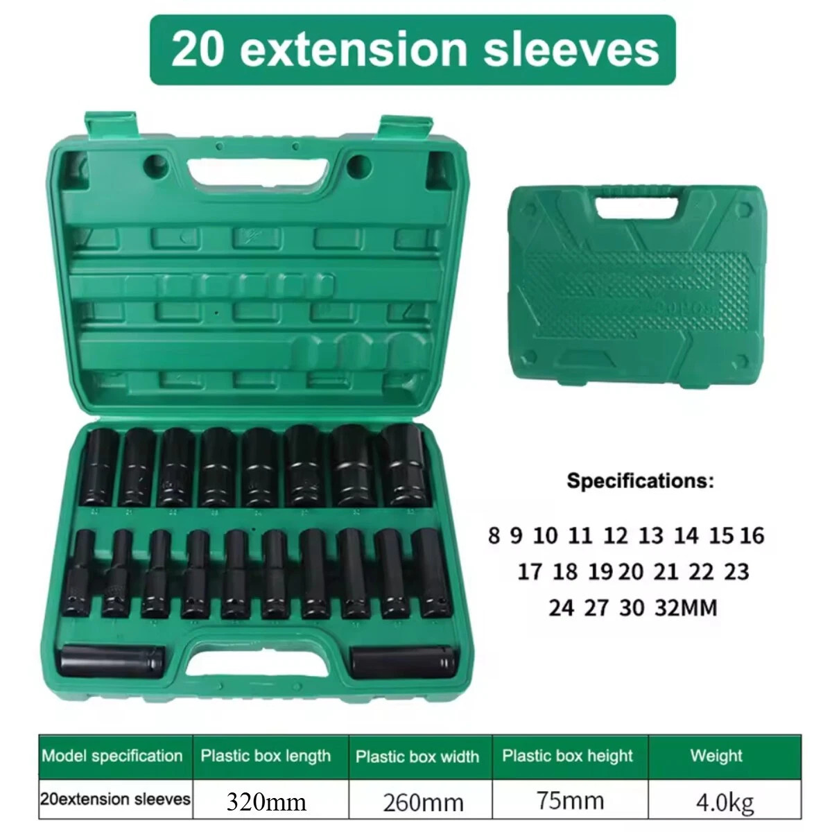 20PCS 1/2”Deep Impact Sockets Set Drive Metric 8mm-32mm Deep 6-Point Set w/case