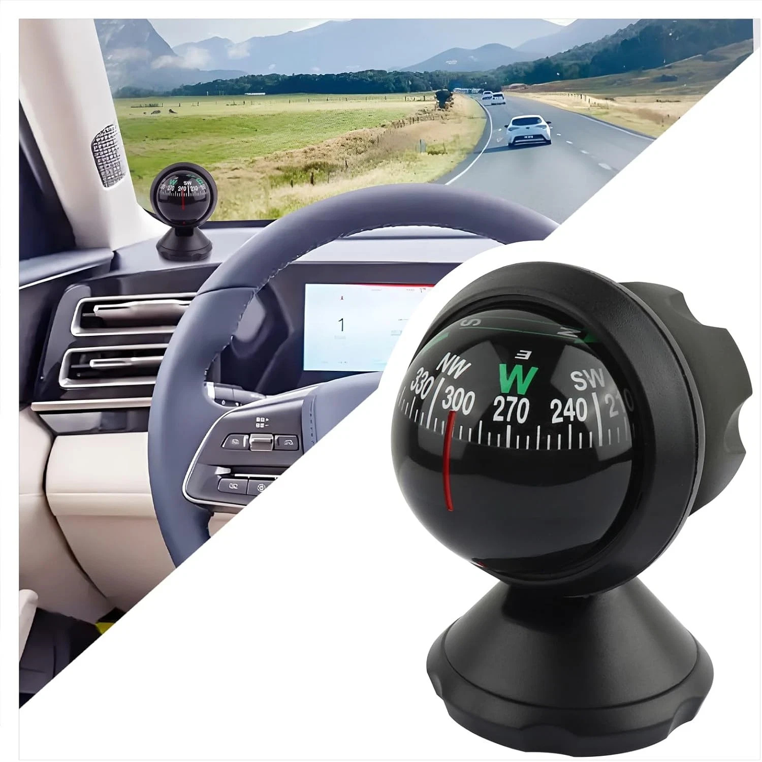 Share Compass for Car with Bottom Stick Car Compass Ball,Adjustible and Night Vi