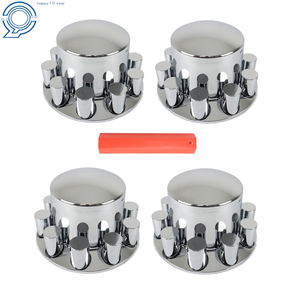 4 Set 33mm Chrome Rear Wheel Axle Covers With Hub Caps Lug Nuts For Semi Truck