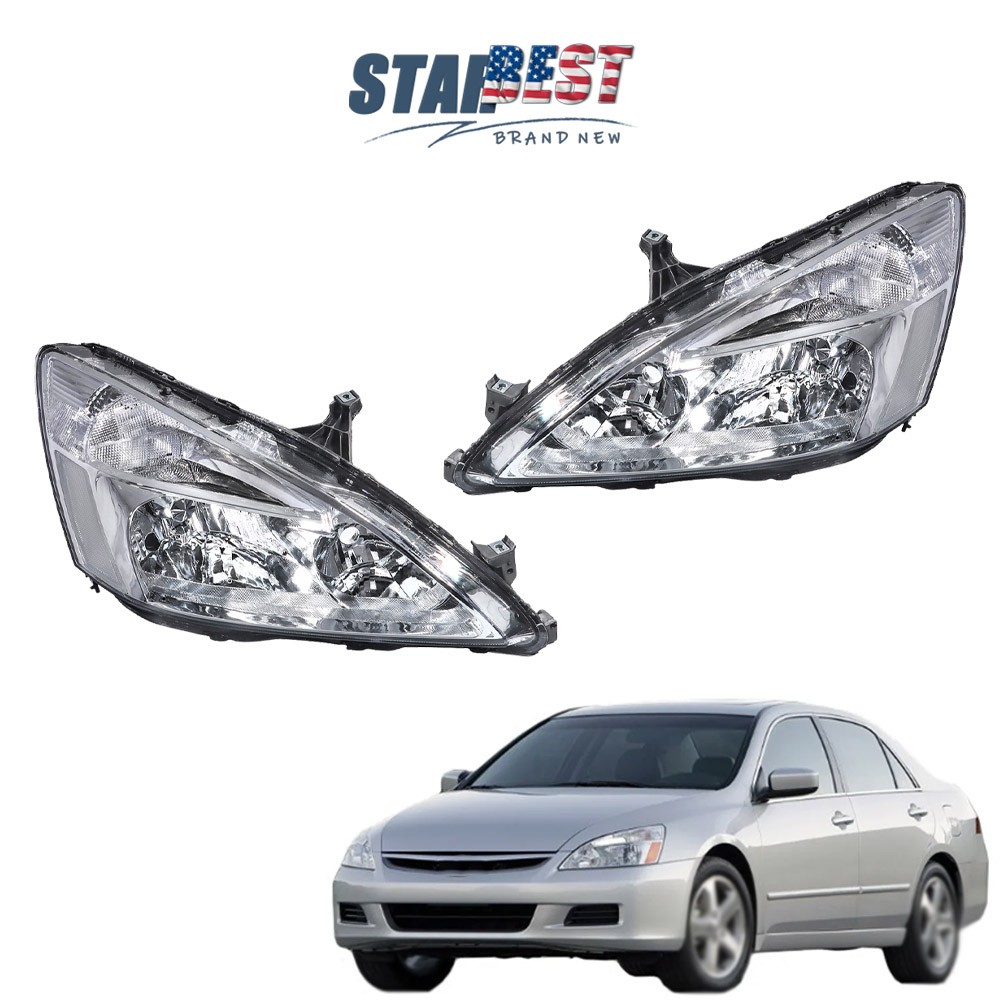 Headlight Assembly Halogen Left+Right Chrome Housing For Honda Accord 2003-2007