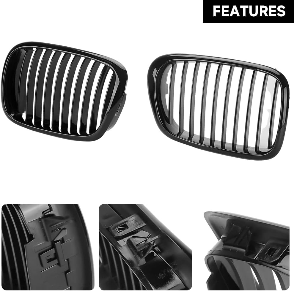For BMW 5-Series E39 M5 1997-2003 Front Bumper Kidney Grilles Pair Gloss Black