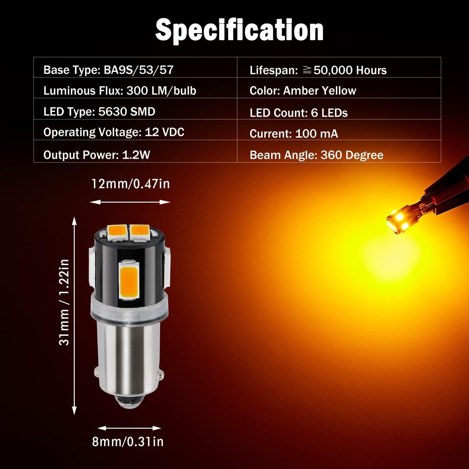 Extremely Bright BA9S LED Bulbs – 50,000 Hours, Amber Yellow Light, Easy Install