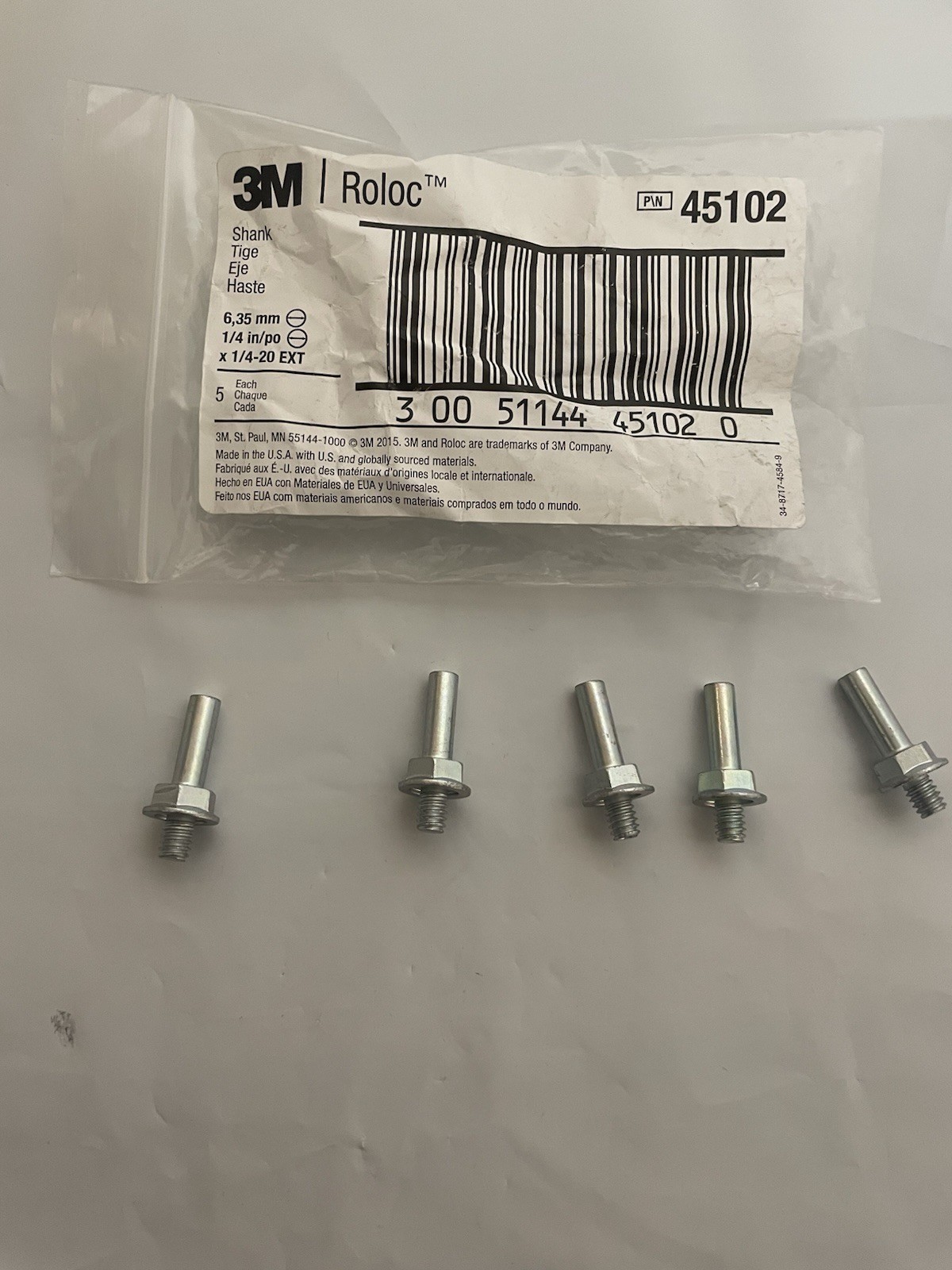 Qty (5) 3M Roloc Shank PN 45102 1/4in/po X 1/4-20 EXT