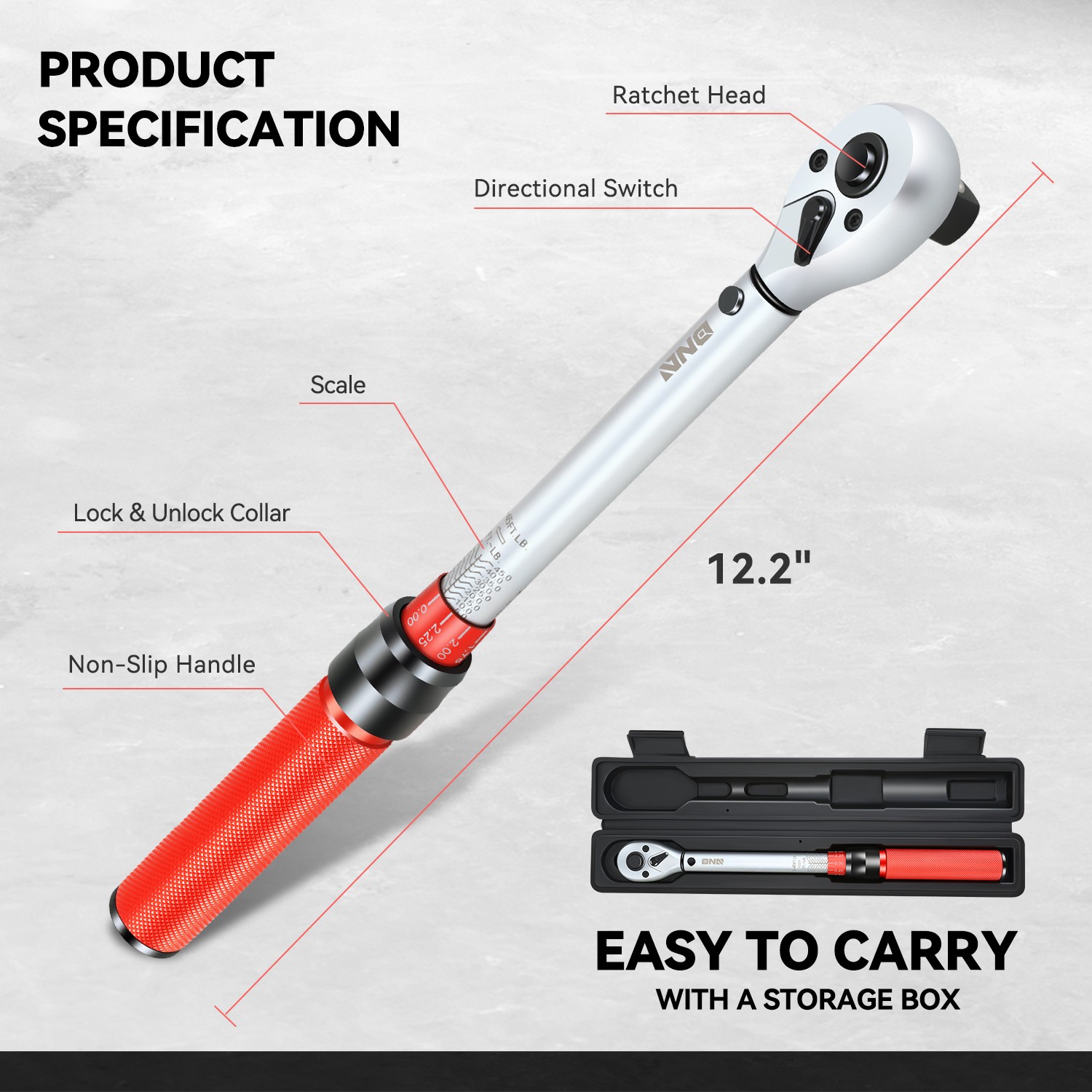 1/2″ 5-45IN.-LB Mechanic Adjustable Click Torque Wrench With Storage Box Red