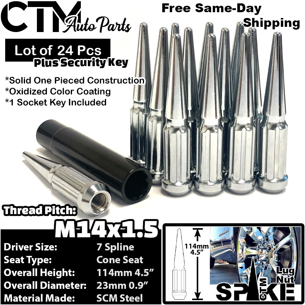 24x 4.5″ Tall 14×1.5 Chrome Spline Spike Lug Nut Fit C1500/2500 K1500/2500