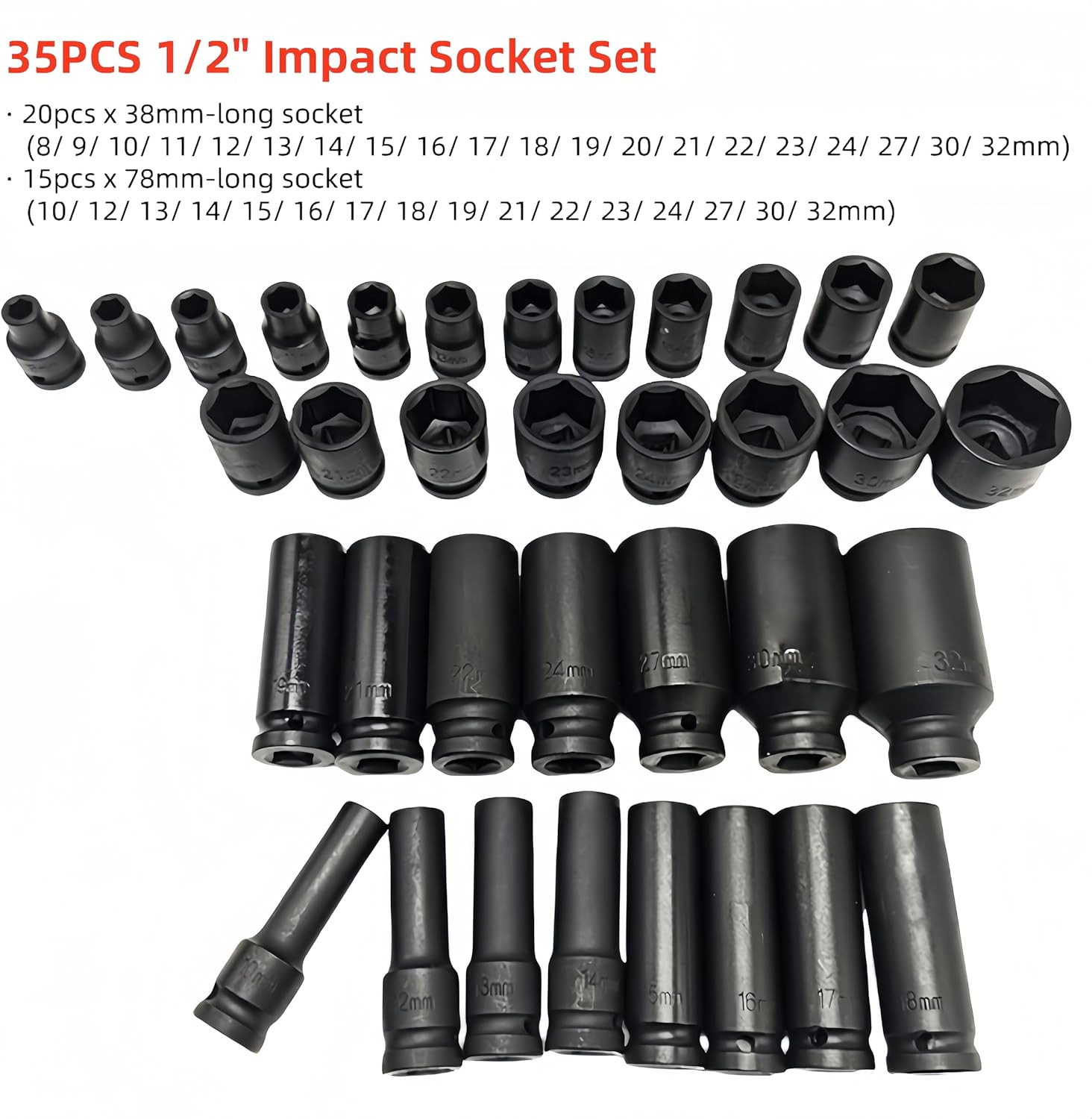 35pcs 1/2″ Inch Deep Impact Socket Set Drive 8-32mm Metric Garage Sae With Case