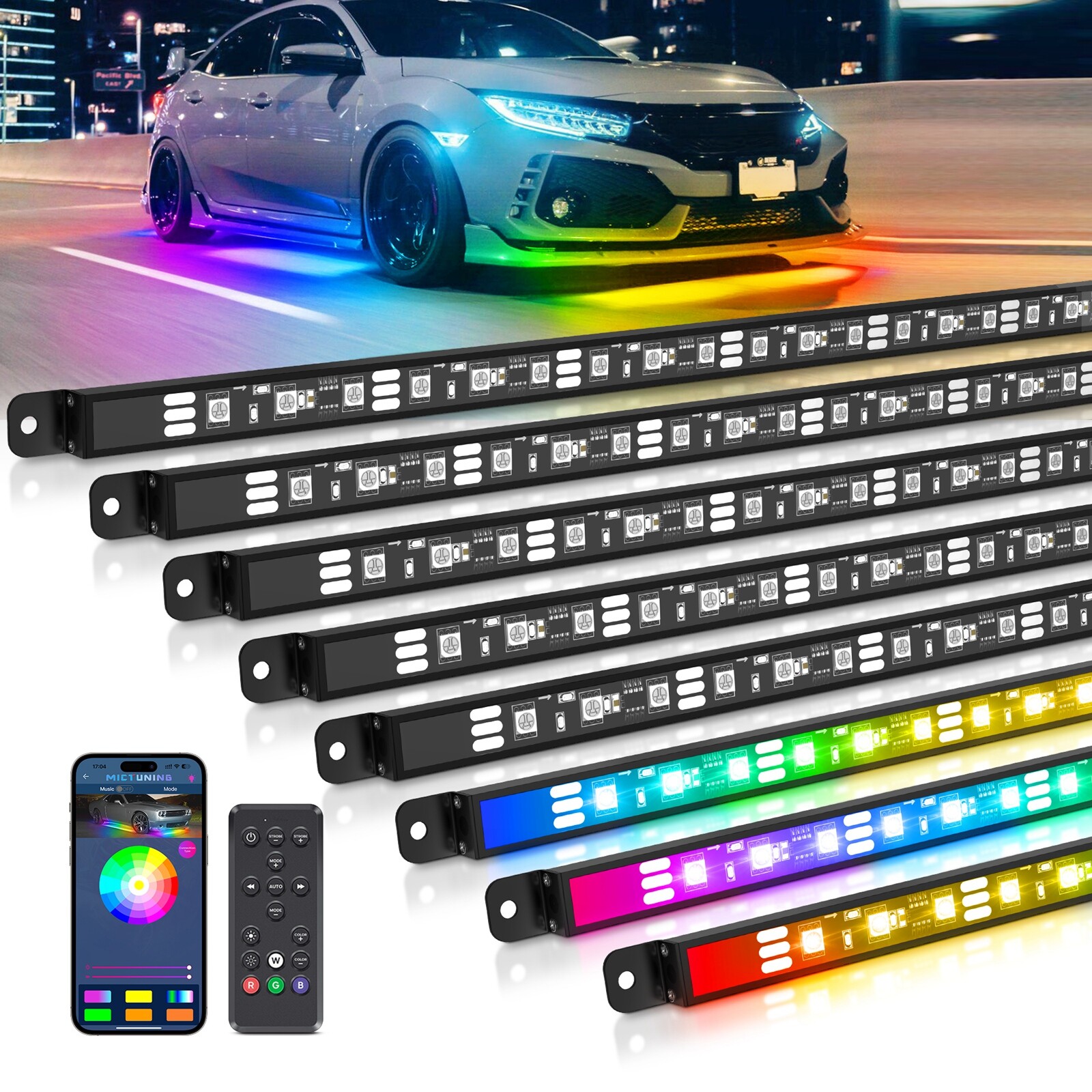 Bluetooth 8PCS RGB Car LED Underglow Lights Strip Dream Color Chasing Lights Kit