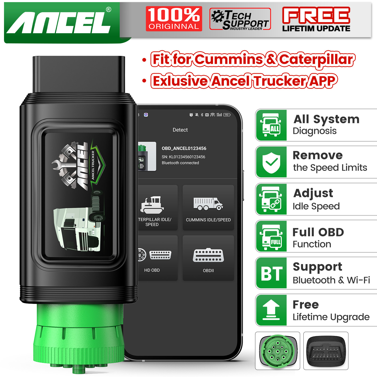 ANCEL HD200 Bluetooth Heavy Duty Truck HD Scanner Speed Limit Idle Reset for CAT