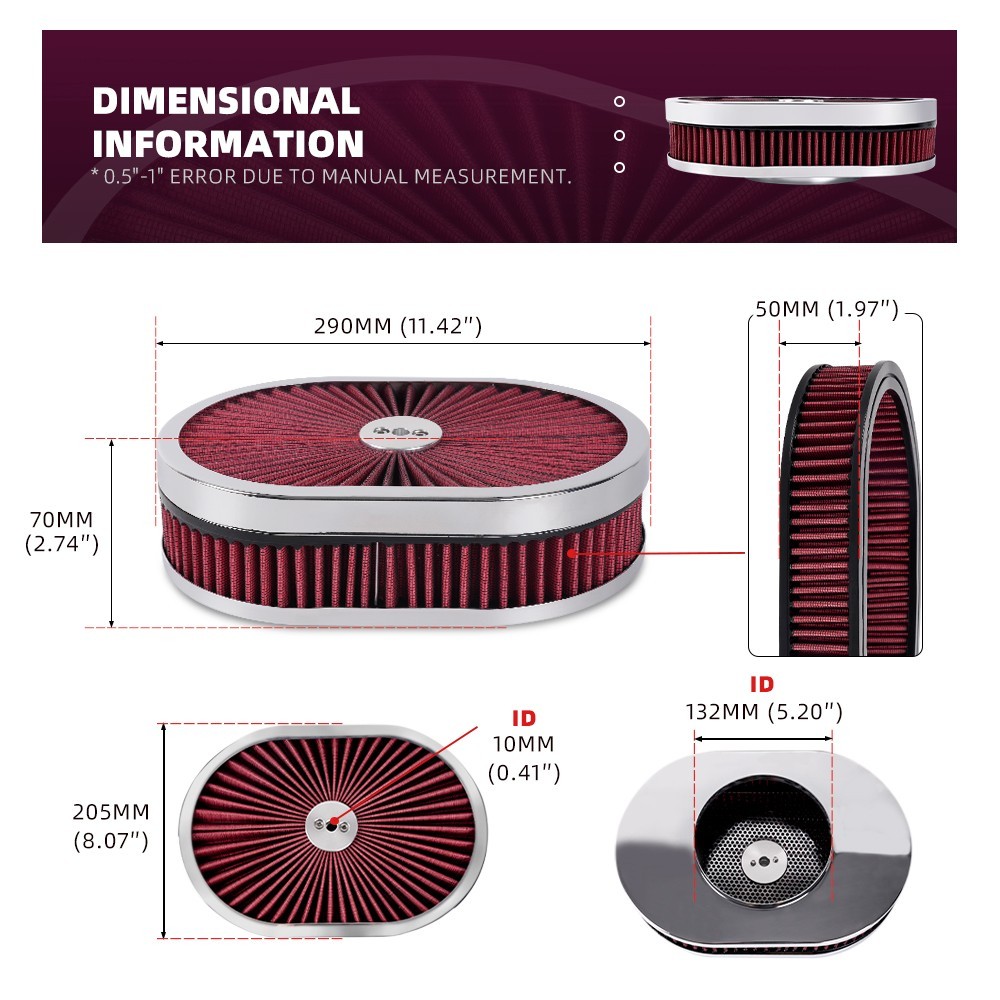 Air Cleaner Set 12″ Oval For 4-Barrel Carburetor 5-1/8″ Neck Washable Muscle