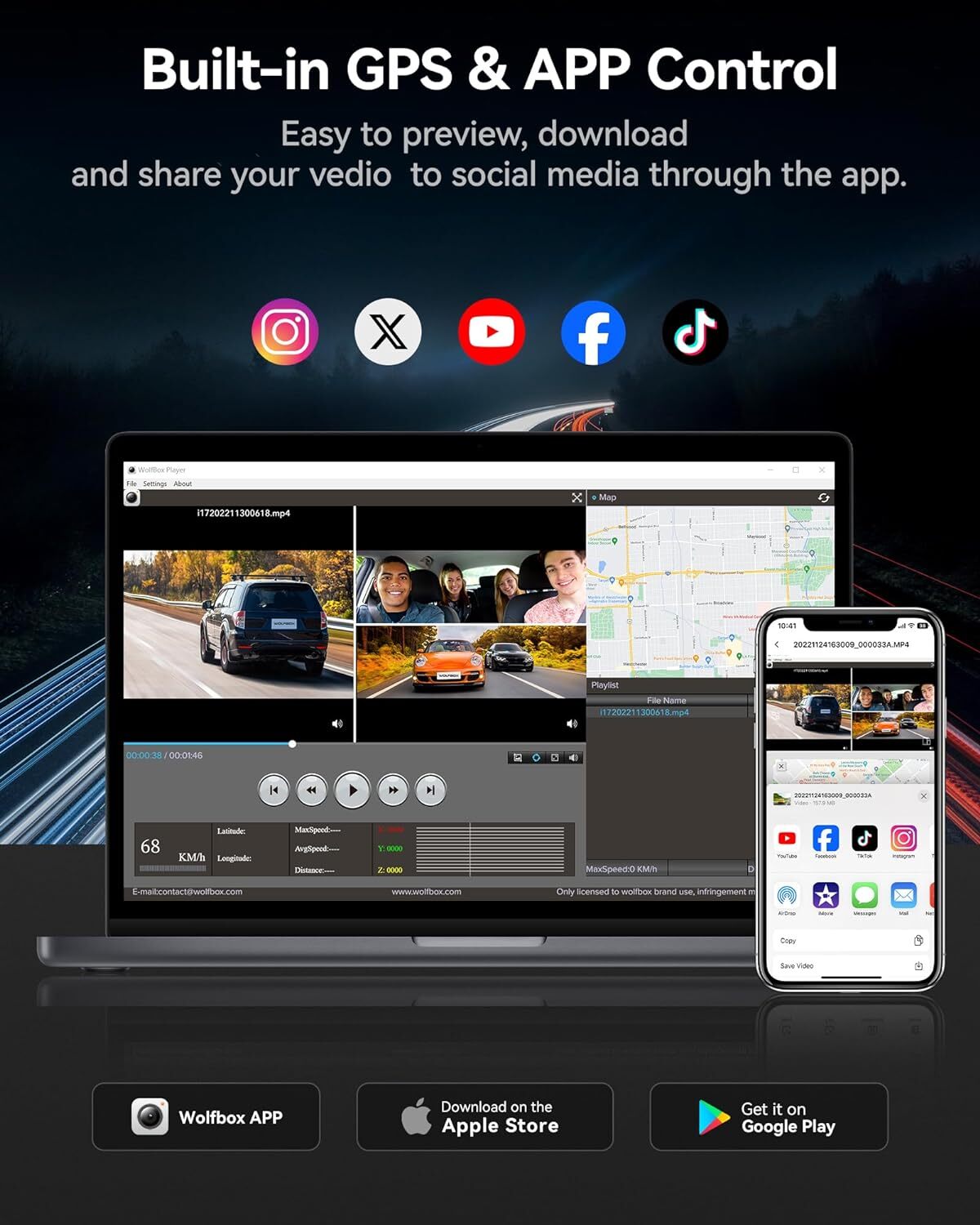 WOLFBOX i17 3 Channel 4K Dash Cam Built-in 5G WiFi GPS Front and Rear Inside