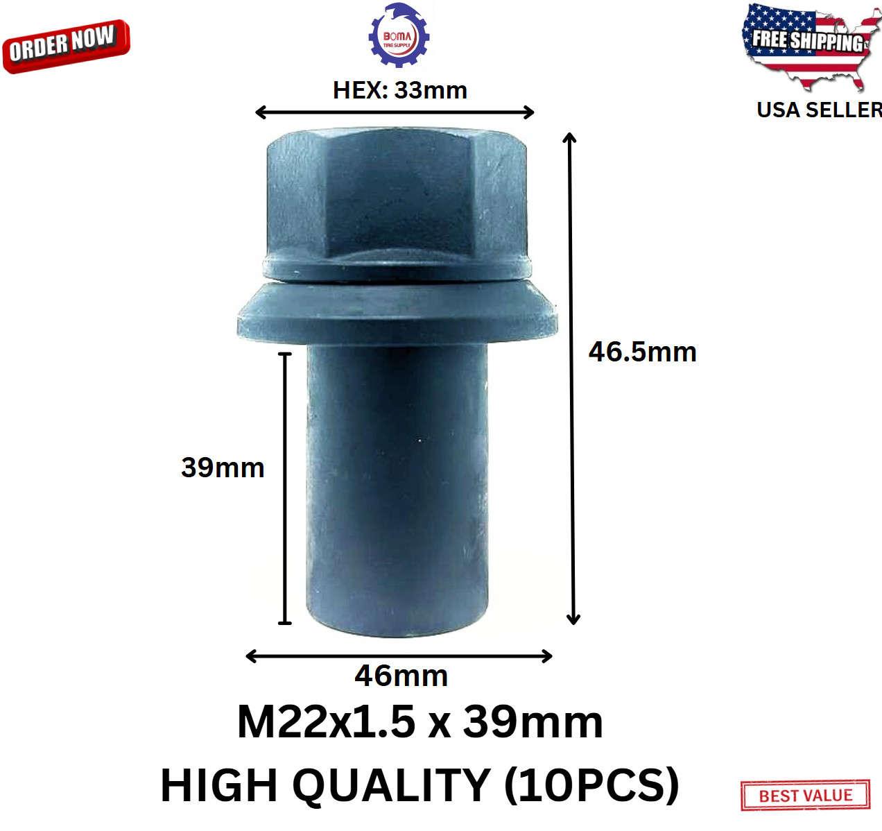 10 Pack 33mm M22-1.5 x 39mm Sleeve Wheel Lug Nut M22-1.5x39mm Skirt Flange
