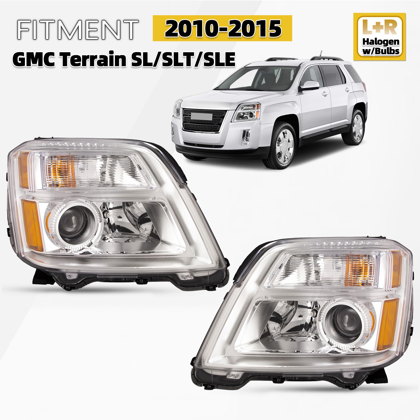 Halogen Headlight For 2010-2015 GMC Terrain SL/SLT/SLE Chrome Left+Right Pair