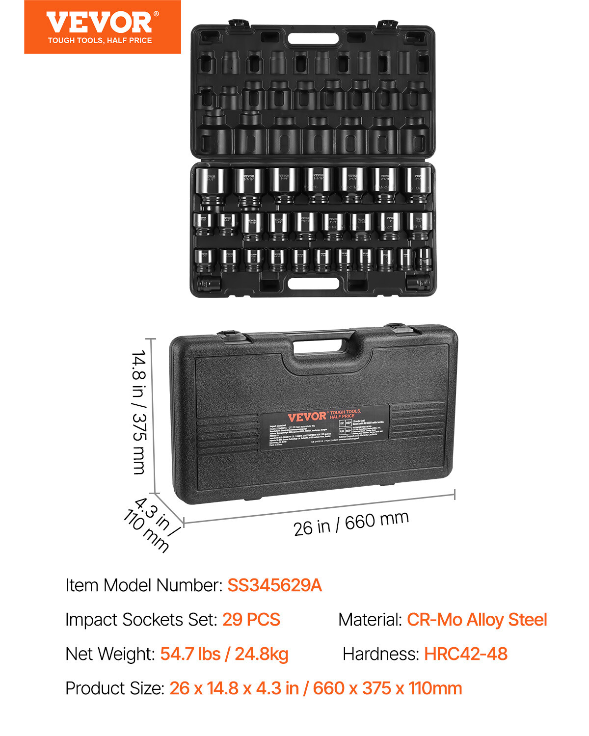 Impact Socket Set 29 PCs 3/4″ Drive 6 Point SAE Master 3/4 inch – 2-1/2 inch