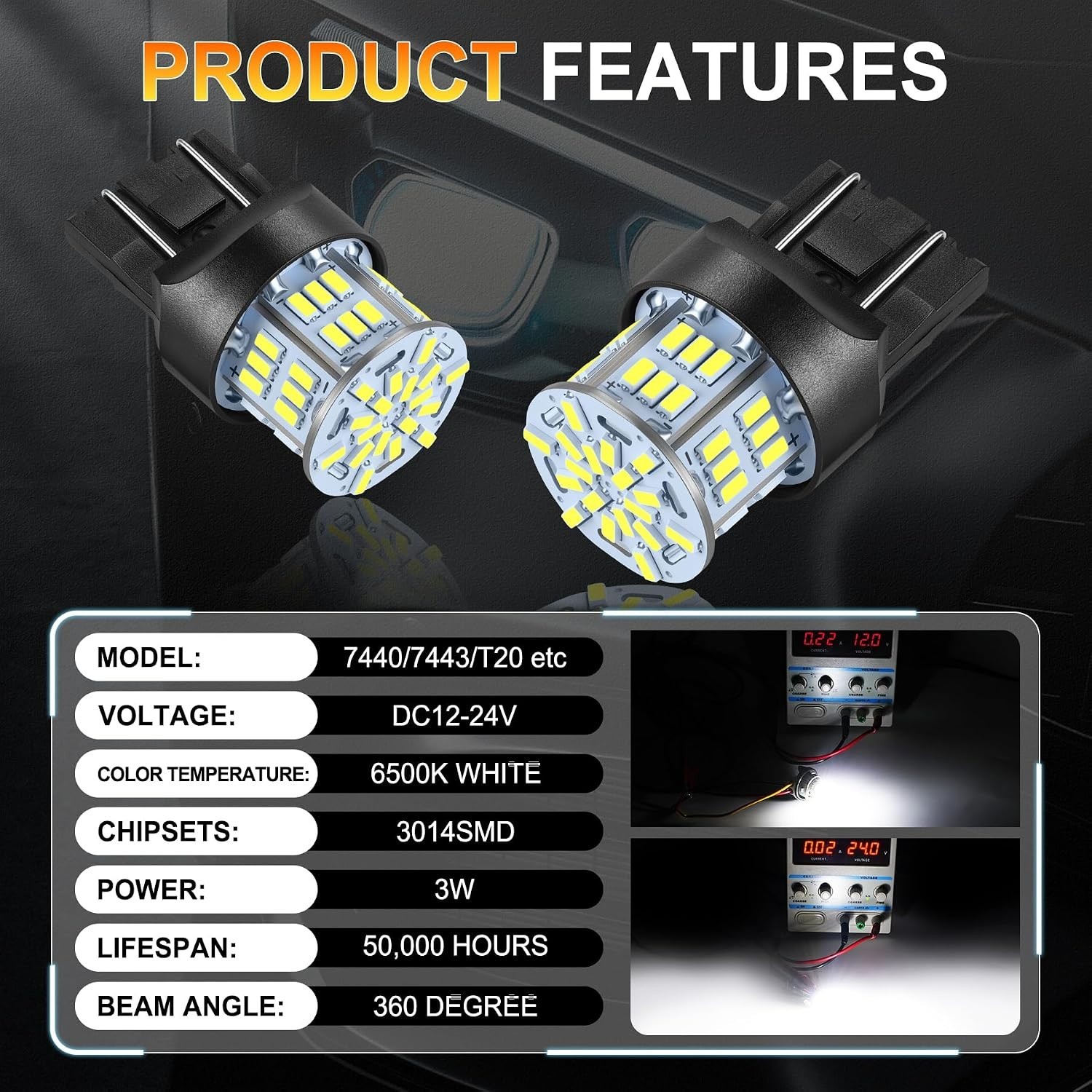 Long-Lasting 7443 LED Lights (4PCS) for Backup & Daytime Running – 50,000 Hours
