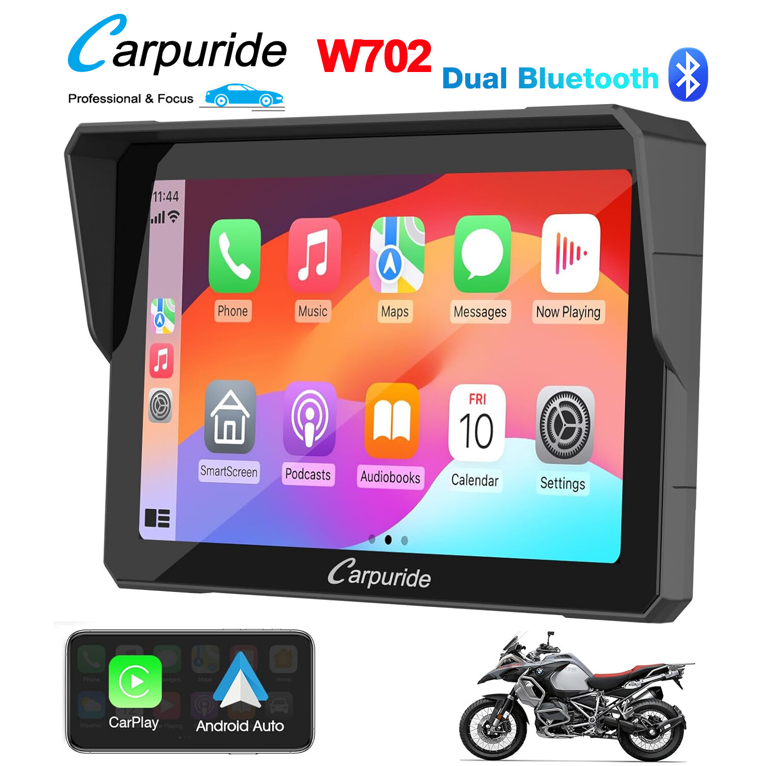 Carpuride W702 Moto Carplay Android Auto Waterproof Touchscreen Dual Bluetooth
