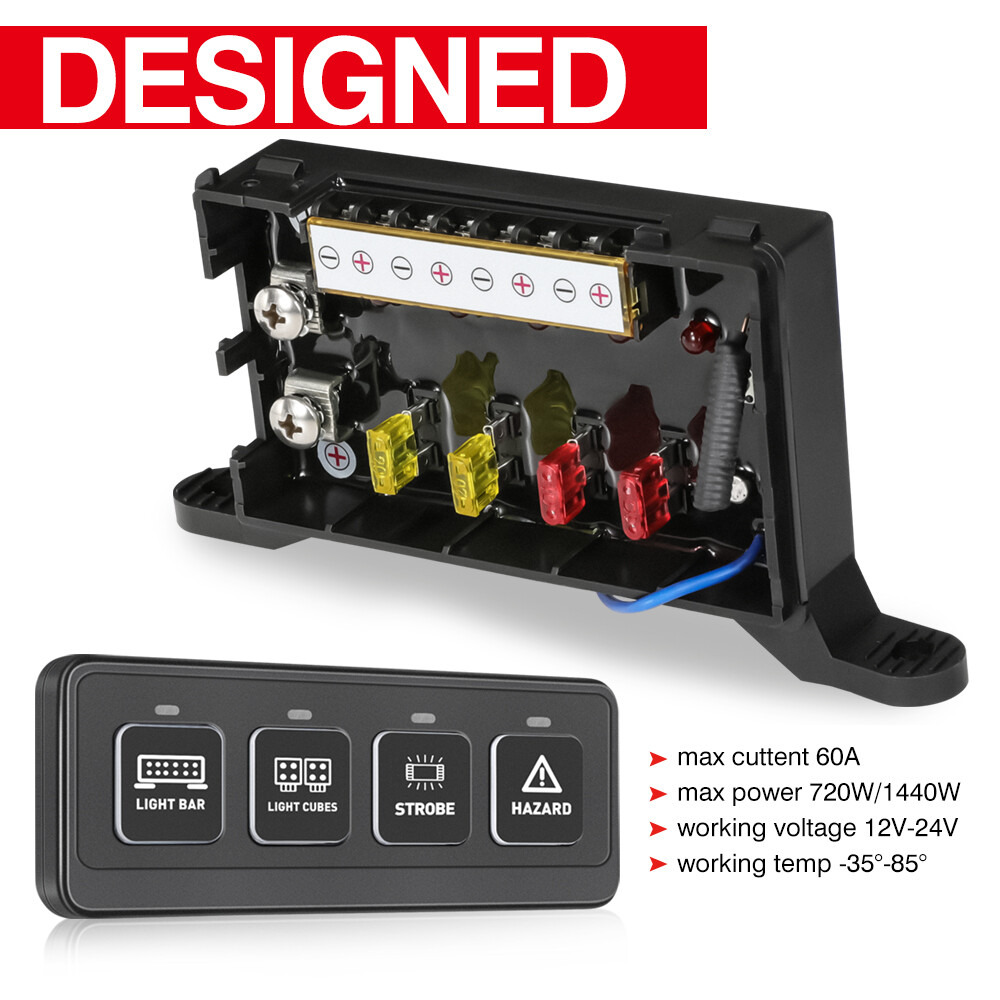 4 Gang 12V 24V Switch Panel Circuit Relay System Universal For LED Light Bar Pod