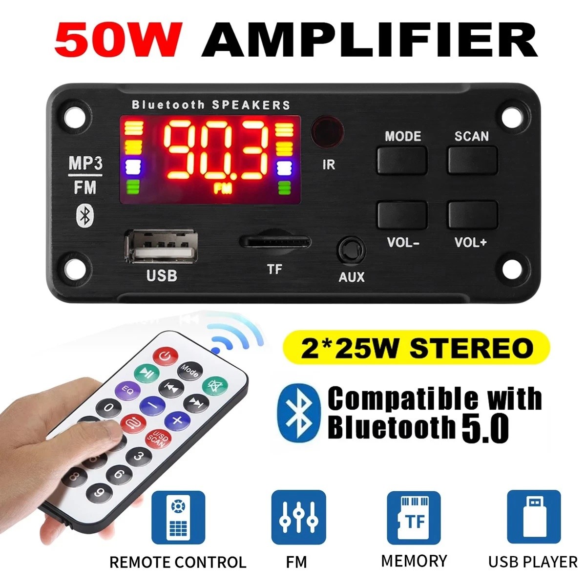 2x25W Amplifier Bluetooth 5.0 MP3 Player Decoder Board Car FM Speaker Module 12V