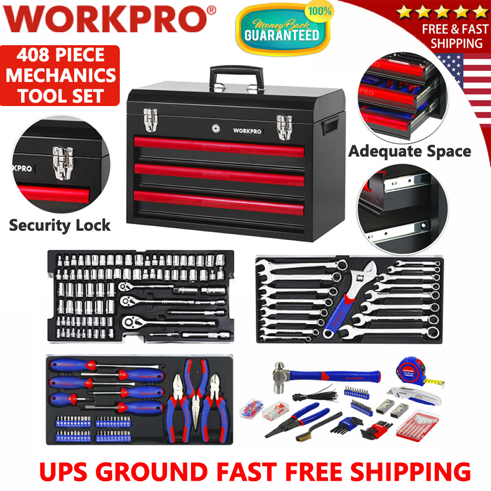 WORKPRO 408PCS Mechanics Tool Set 3Drawer Home Repair Tool Kit Hand Tool Kit Set