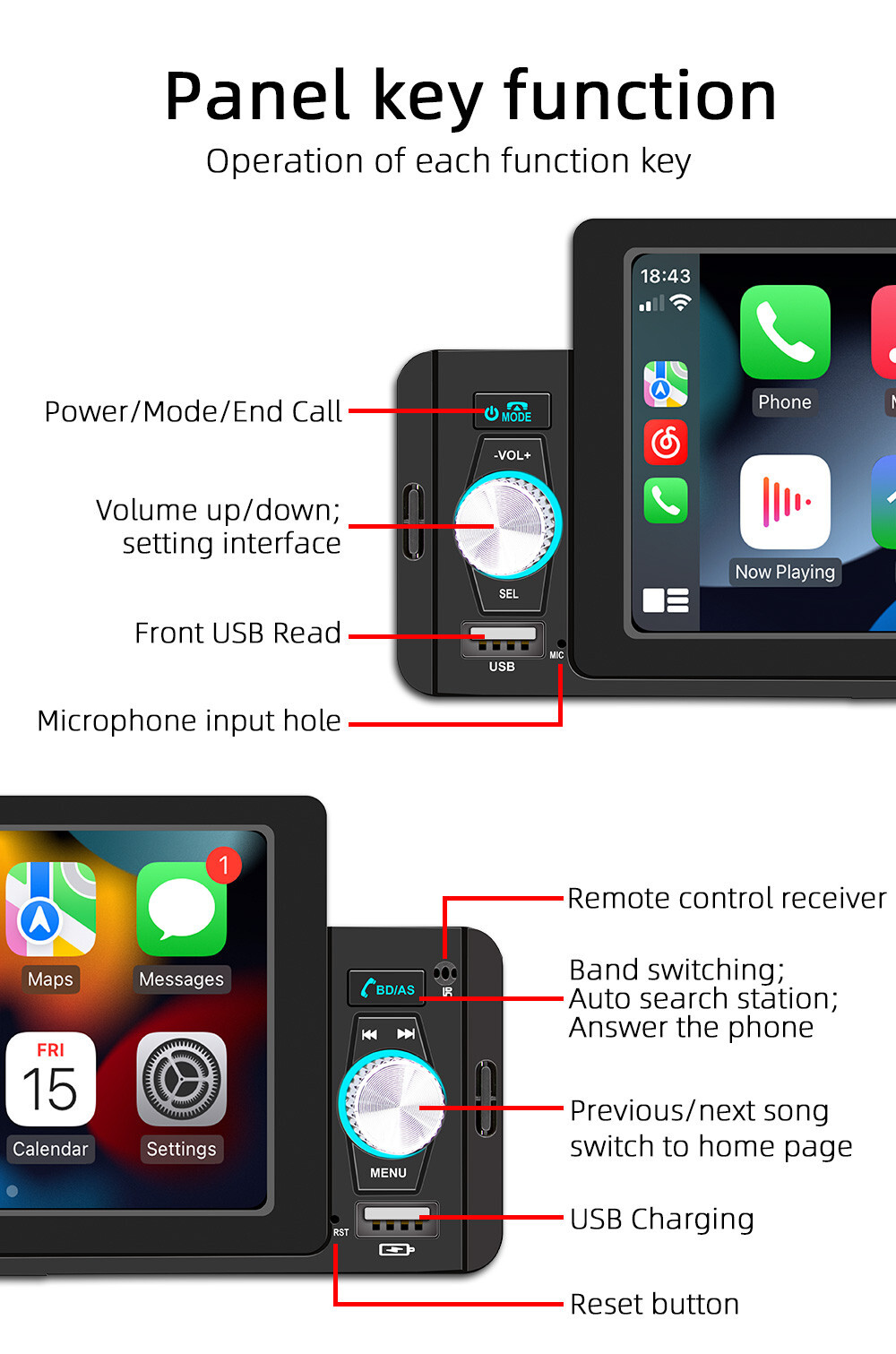 Car MP5 Player Single DIN Bluetooth FM USB Radio For Apple CarPlay Android Auto