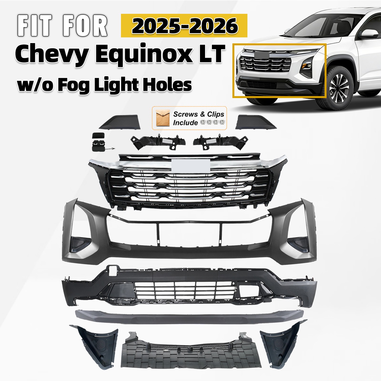 For 2025-2026 Chevy Equinox LT Front Bumper Cover Fascia Assembly Kit w/ Grille