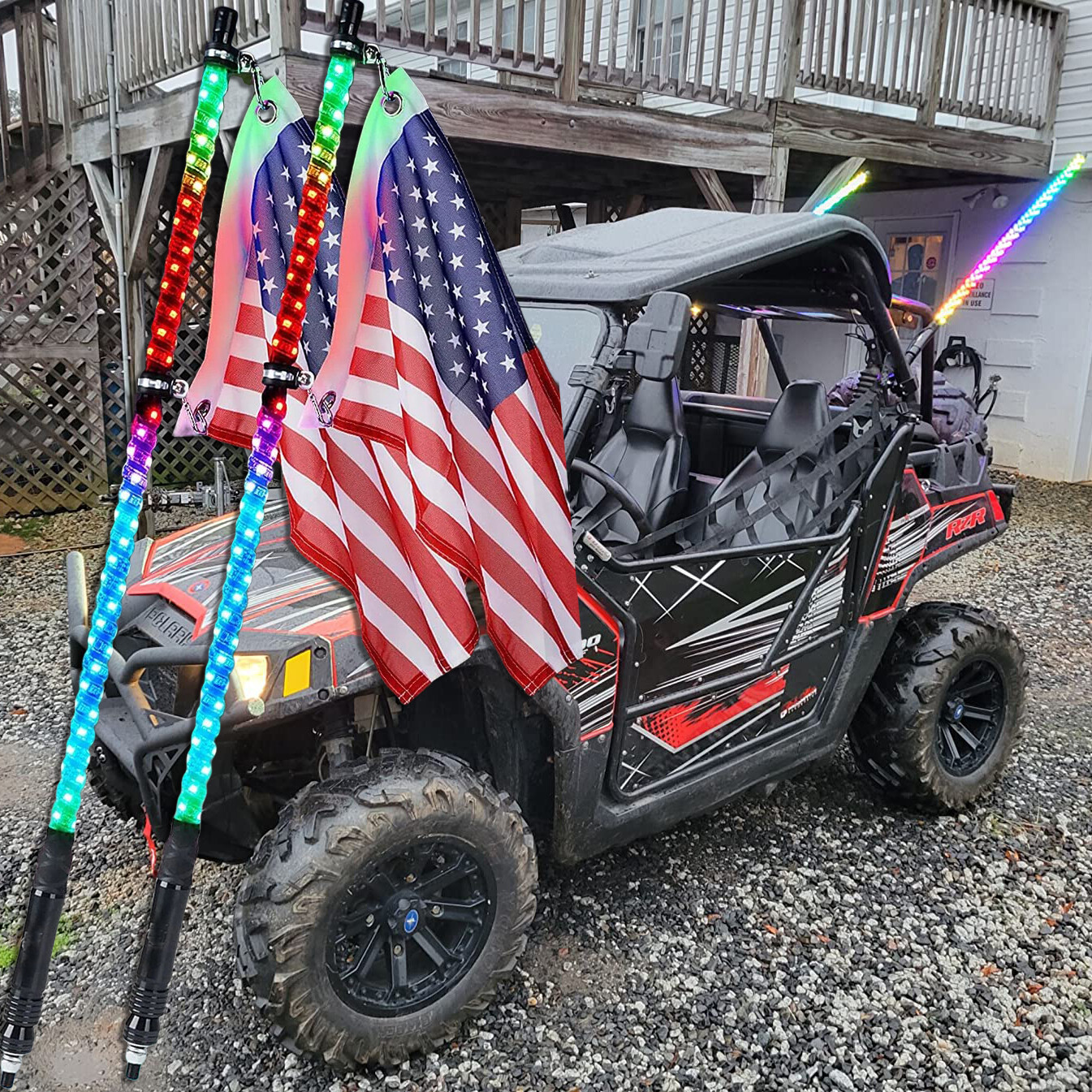 Pair 2FT Spiral RGB LED Whip Lights Antenna Chase W/ Flag & Remote for ATV UTV