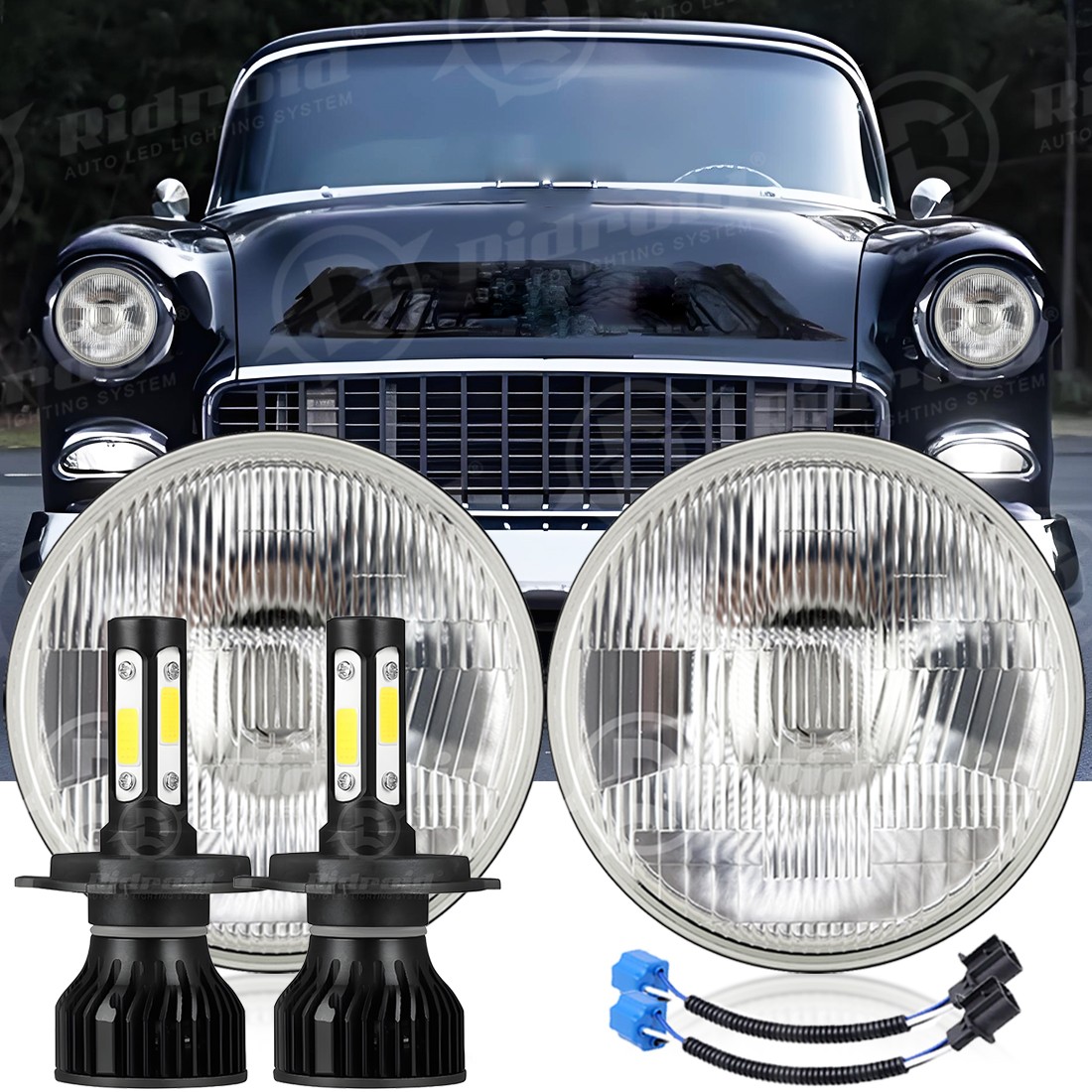 Pair 7″ Inch Round LED Headlights Hi/Lo Sealed Beam for Chevy Bel Air 1955-1957