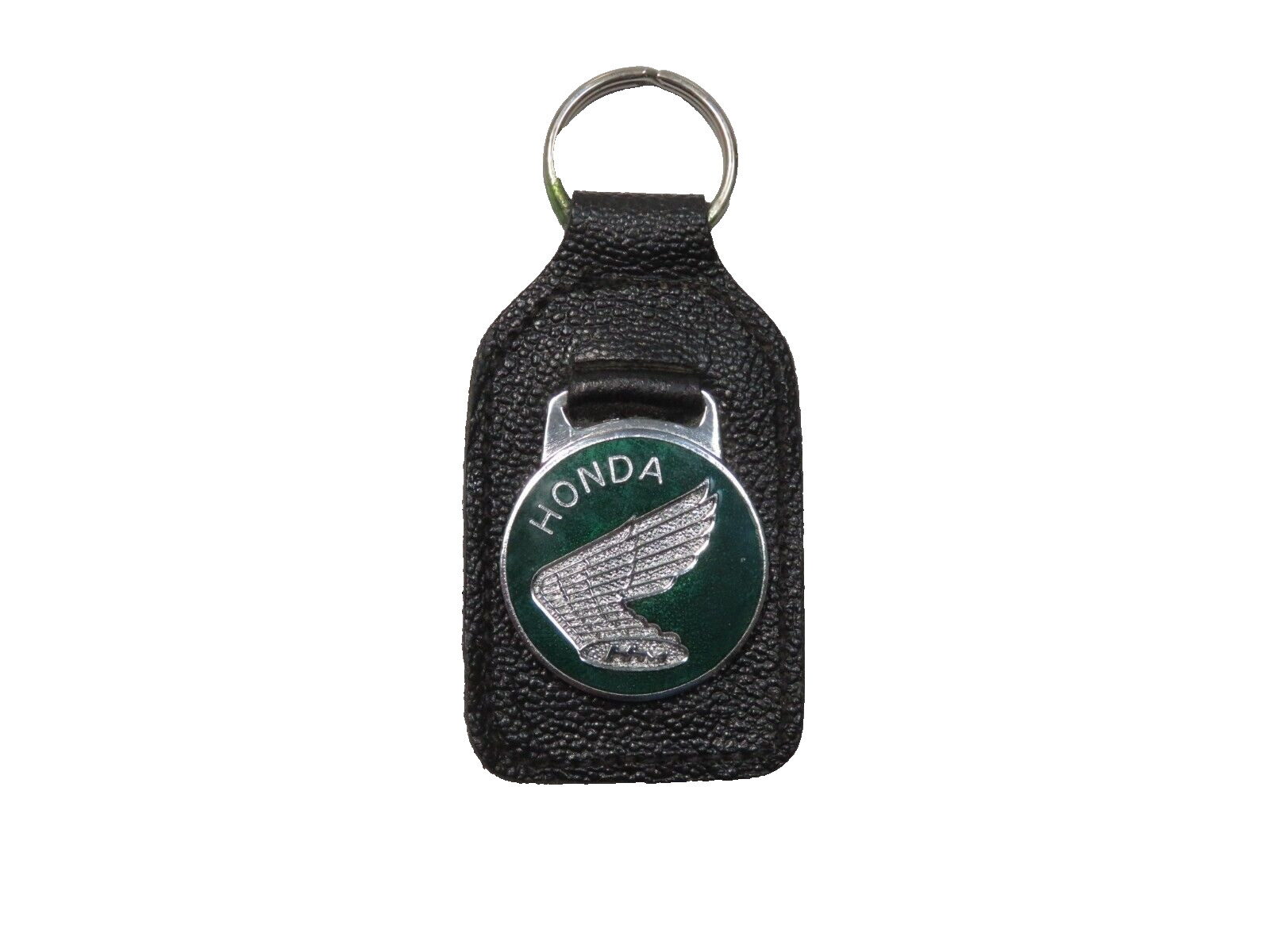 Honda Wing Leather Keychain FOB Ring Made in England Enamel Green and Chrome