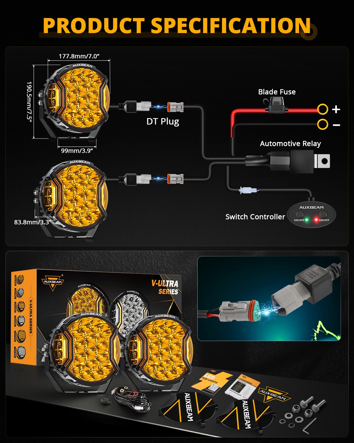 AUXBEAM V-ULTRA 3″/5″/7″/9 Inch LED Side Shooter Amber/White Driving Light Pods