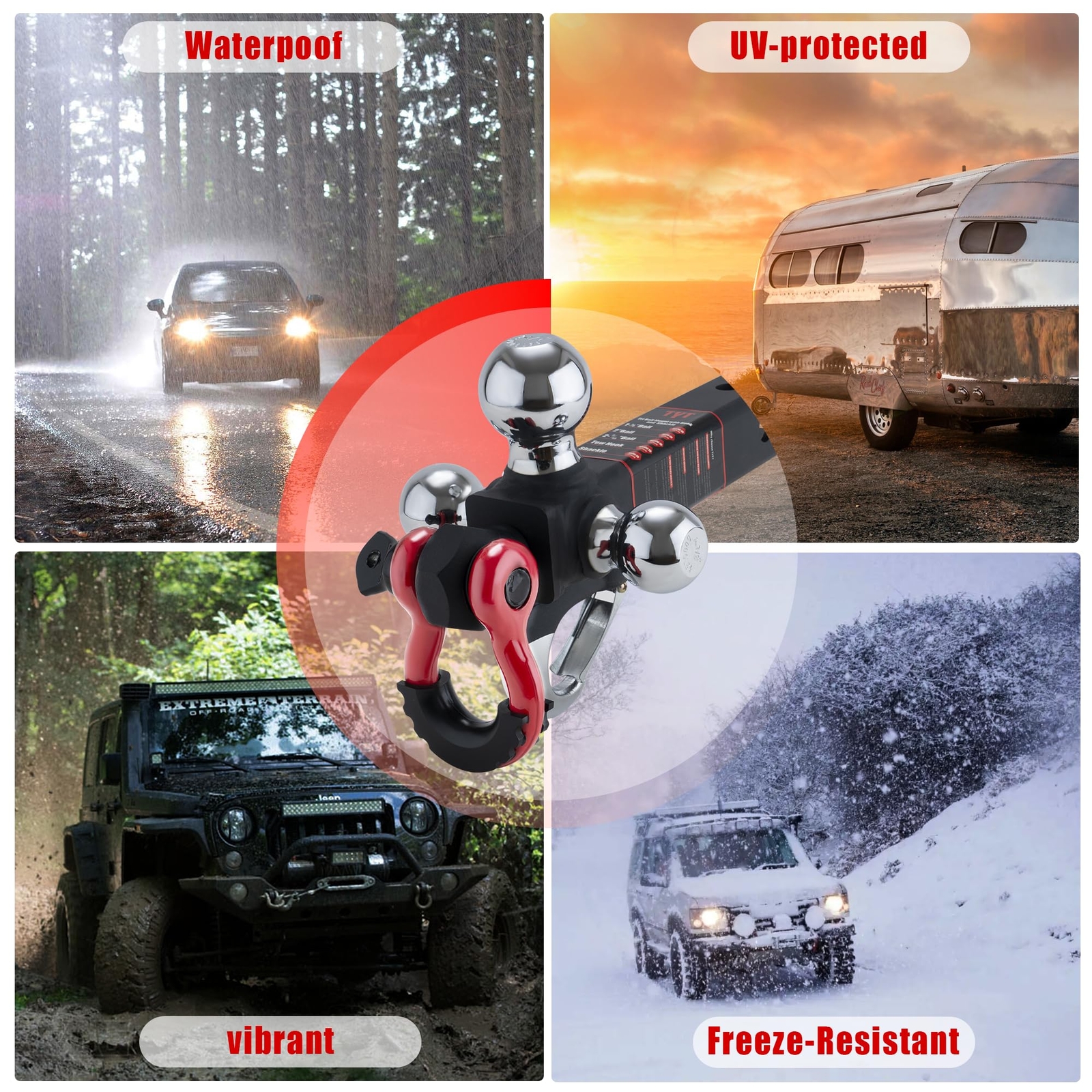 Tri Ball Hitch Trailer Mount w/ Lock, Tow Hook & Clevis Shackle Fits 2″ Receiver