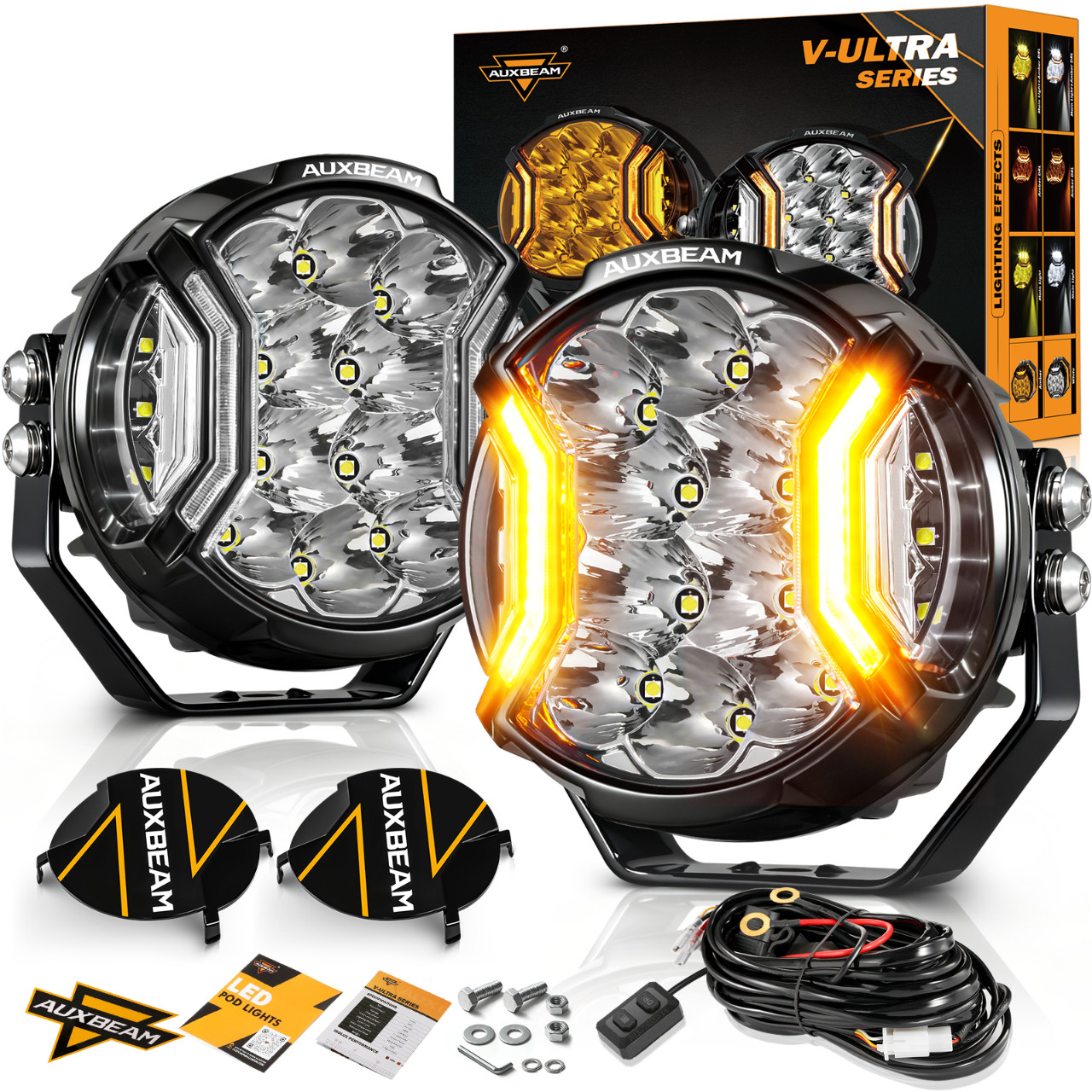 AUXBEAM V-ULTRA 3″/5″/7″/9 Inch LED Side Shooter Amber/White Driving Light Pods