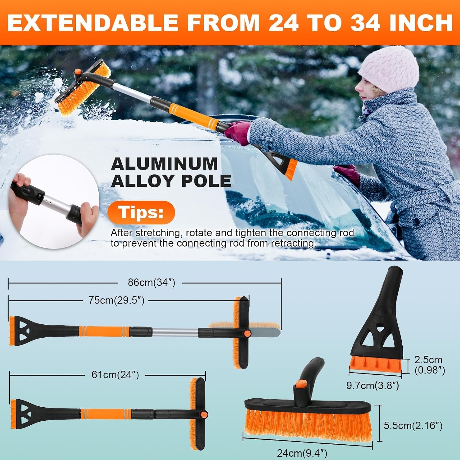 2 in 1 Snow Brush and Scraper for Car SUV Truck with Ergonomic Grip Blue Orange