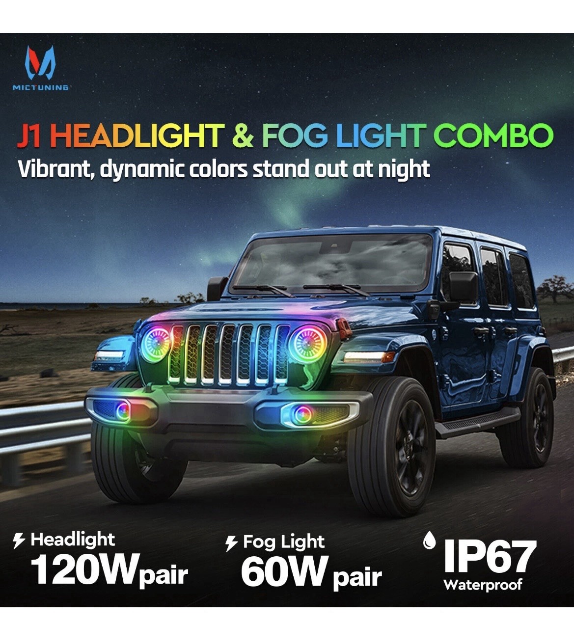 MICTUNING J1 RGB+IC 7-inch LED Headlights w/Fog Light Assembly for Jeep Wrangler