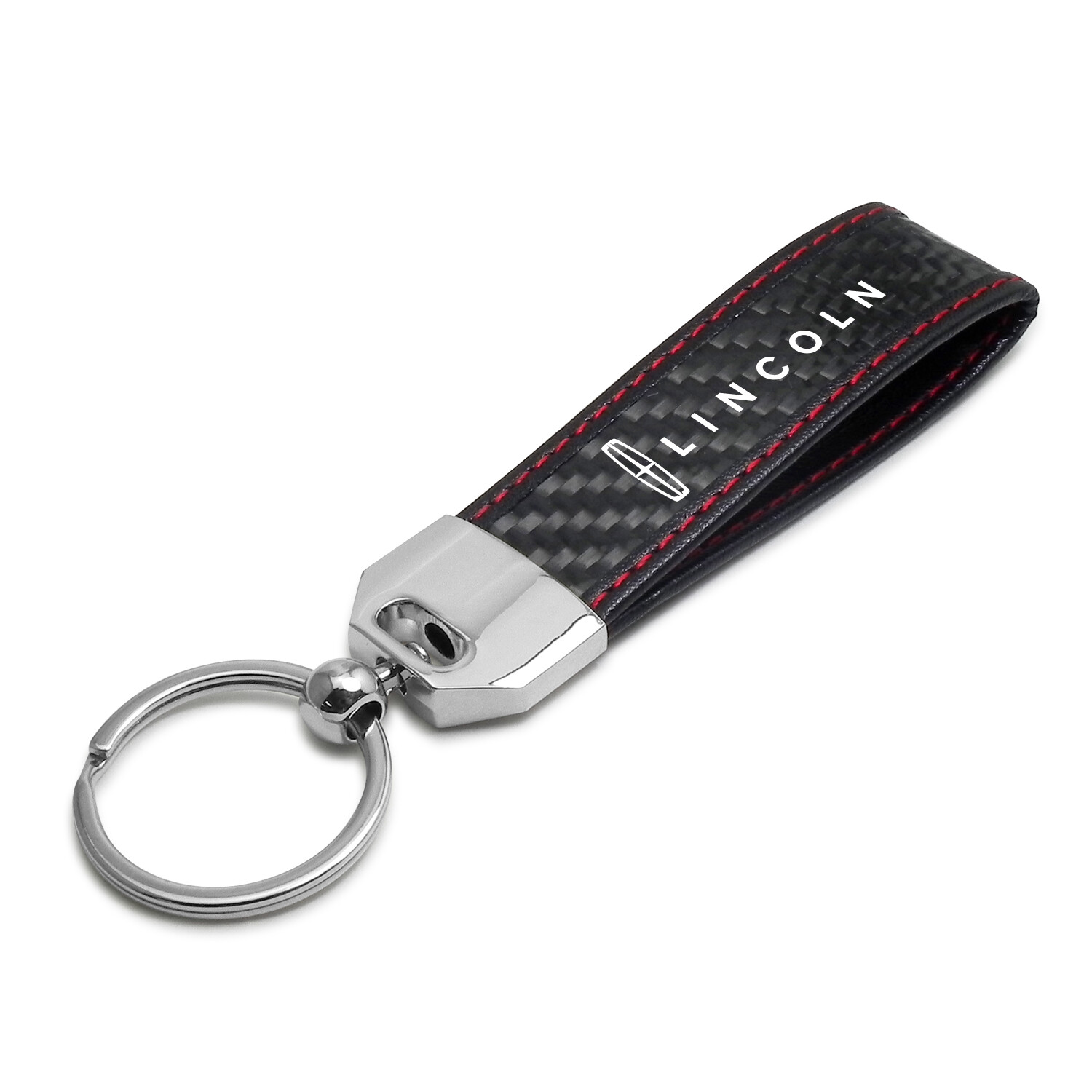 Black Leather & Carbon Fiber Key Chain Red Stitching – Lincoln Logo
