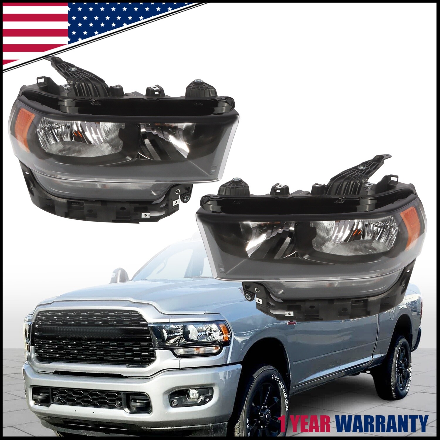 For 2019-2024 Ram 2500 3500 Halogen Model Headlights Headlamps Left+Right Black