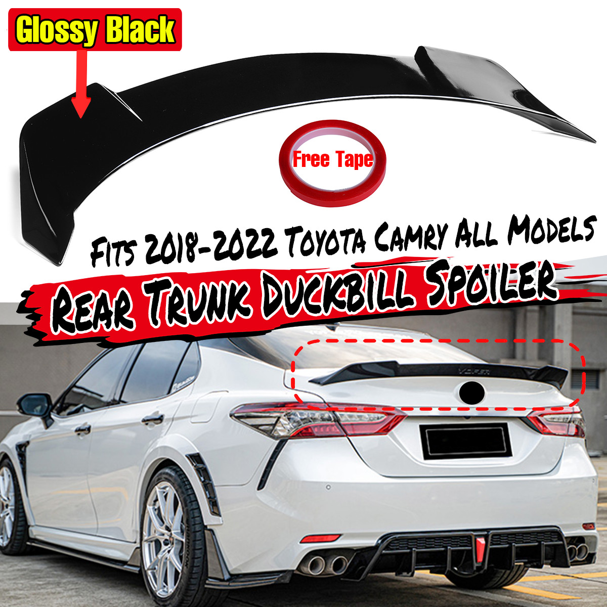 For Toyota Camry 2018-22 Glossy Black V2 Style Duckbill Rear Trunk Spoiler Wing