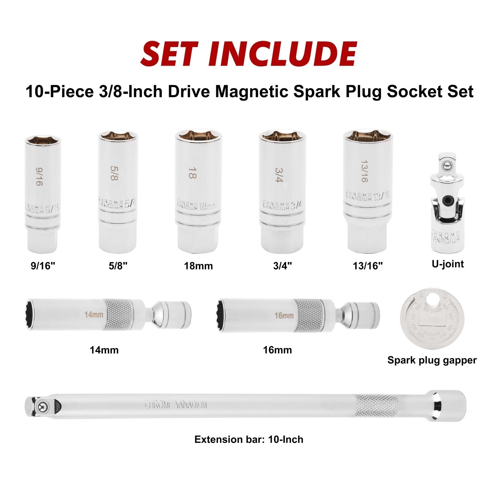 10PCS 3/8″Drive Magnetic Spark Plug Socket Set 6PT&12PT Extension Bar CR-V Steel